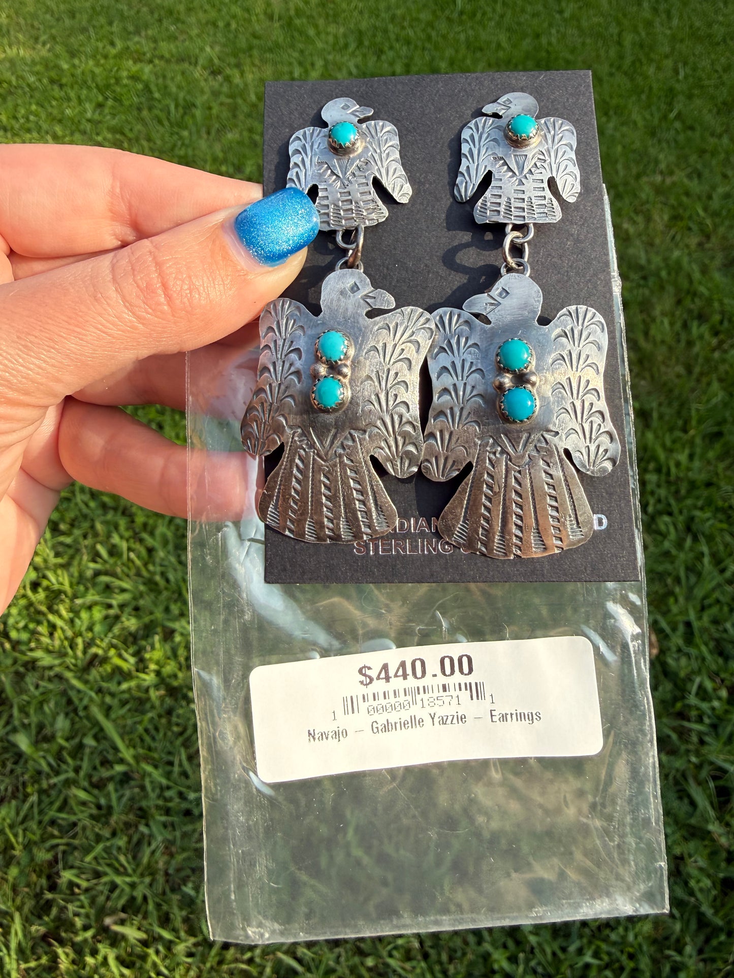 Navajo Turquoise Double Thunderbird Dangle Sterling Silver Earrings