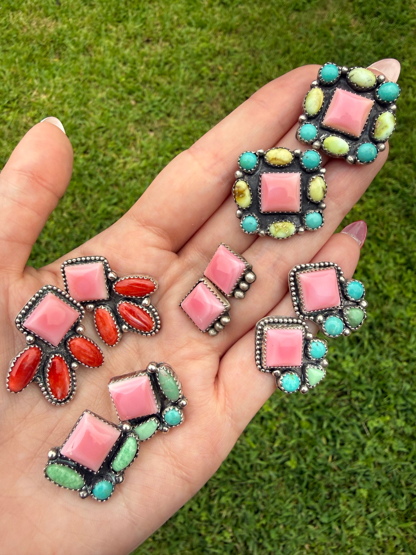 Pink Conch Sterling Silver Multi Stone Stud Earrings