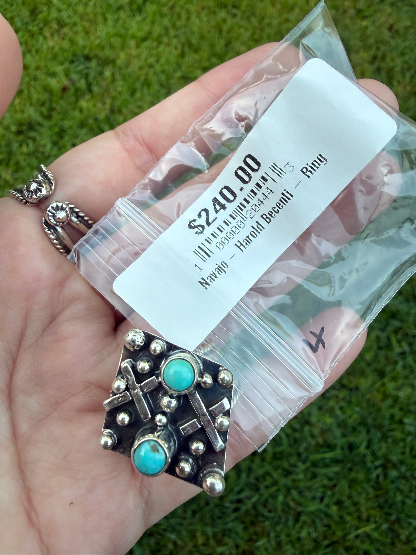 Navajo Turquoise Cross and Ball Work Sterling Silver Adjustable Band Ring
