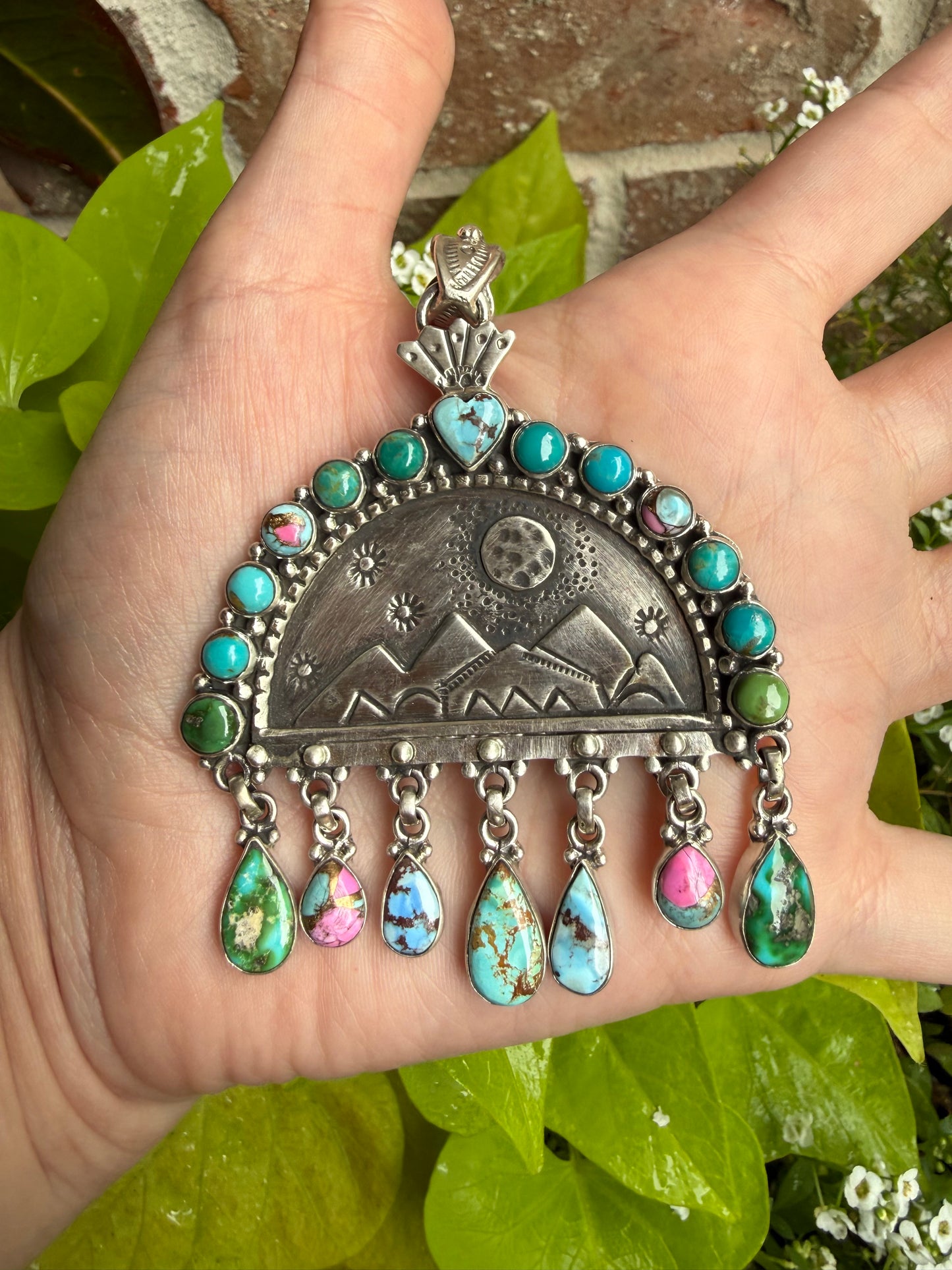 Mixed Turquoise Storyteller Landscape Moon and Mountain Scene Sterling Silver Statement Pendant