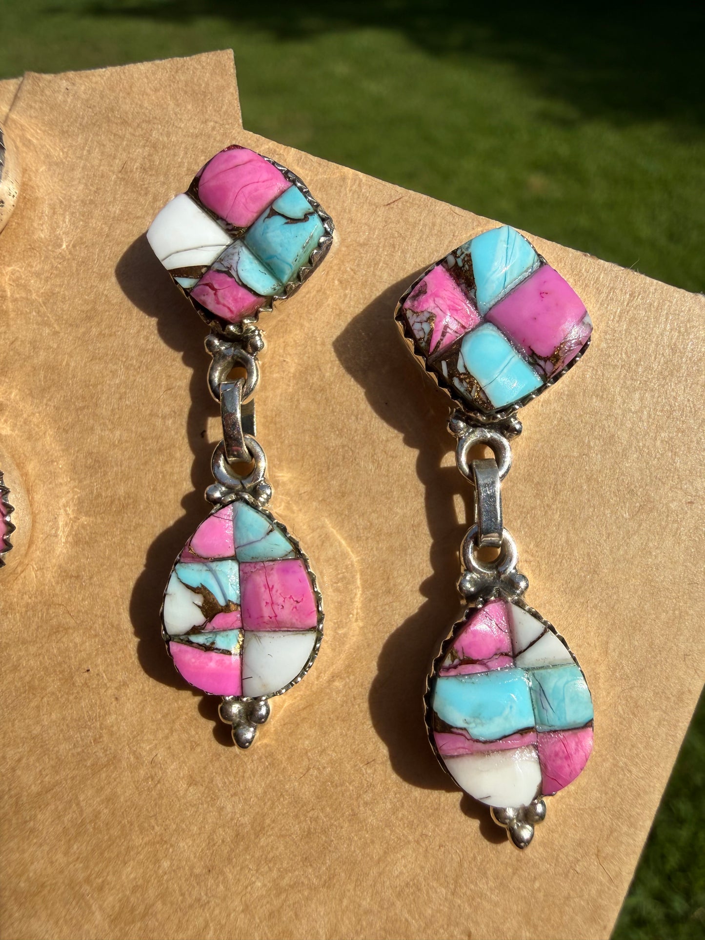 Cotton Candy Turquoise Cobblestone Sterling Silver Double Drop Earrings