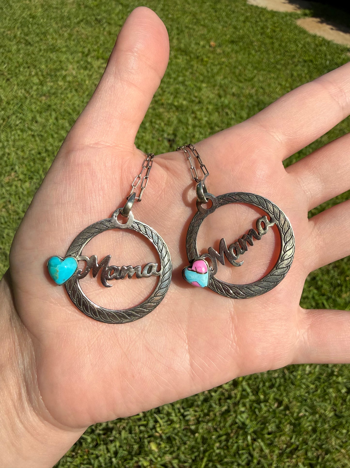 Mama Turquoise Heart with Circle Rope Sterling Silver Plate Necklace