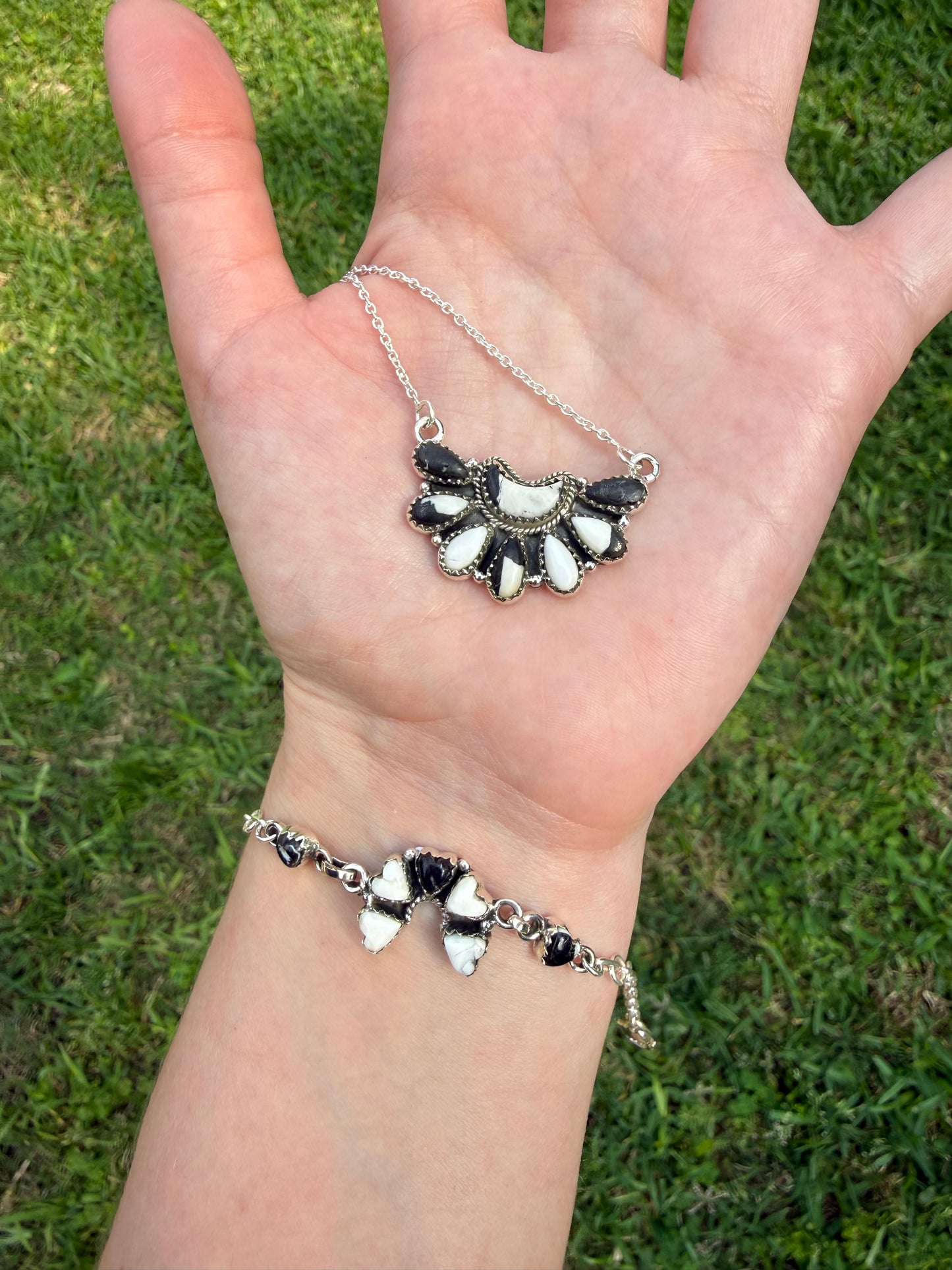 White Buffalo Unique Sterling Silver Naja Heart Bracelet or Half Cluster Moon Necklace