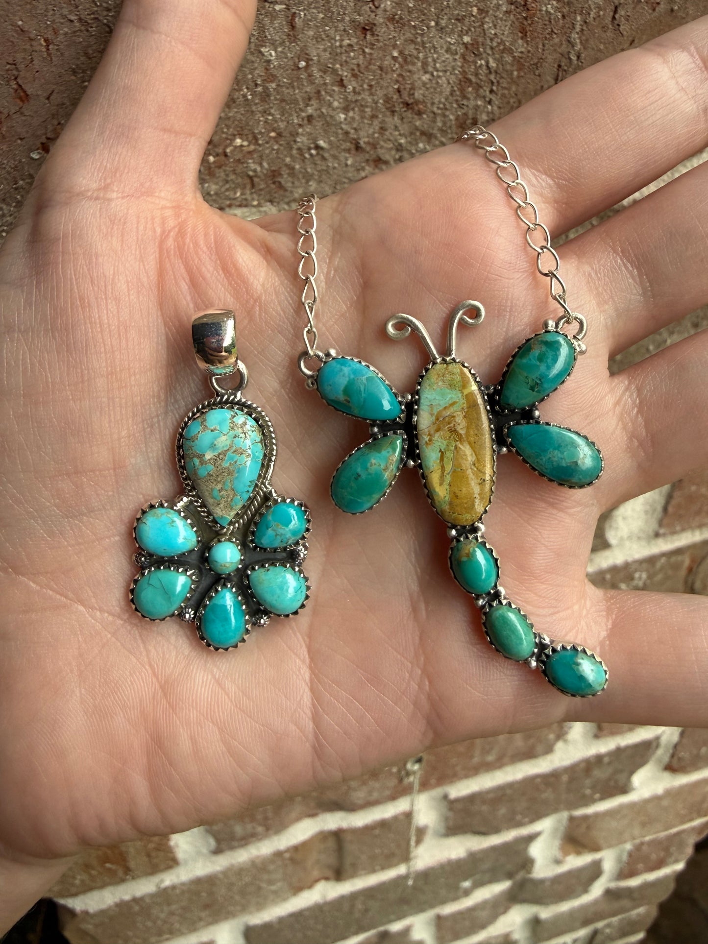 Mine 8 and Kingman Turquoise Dragonfly Necklace or Full Flower Sterling Silver Pendant