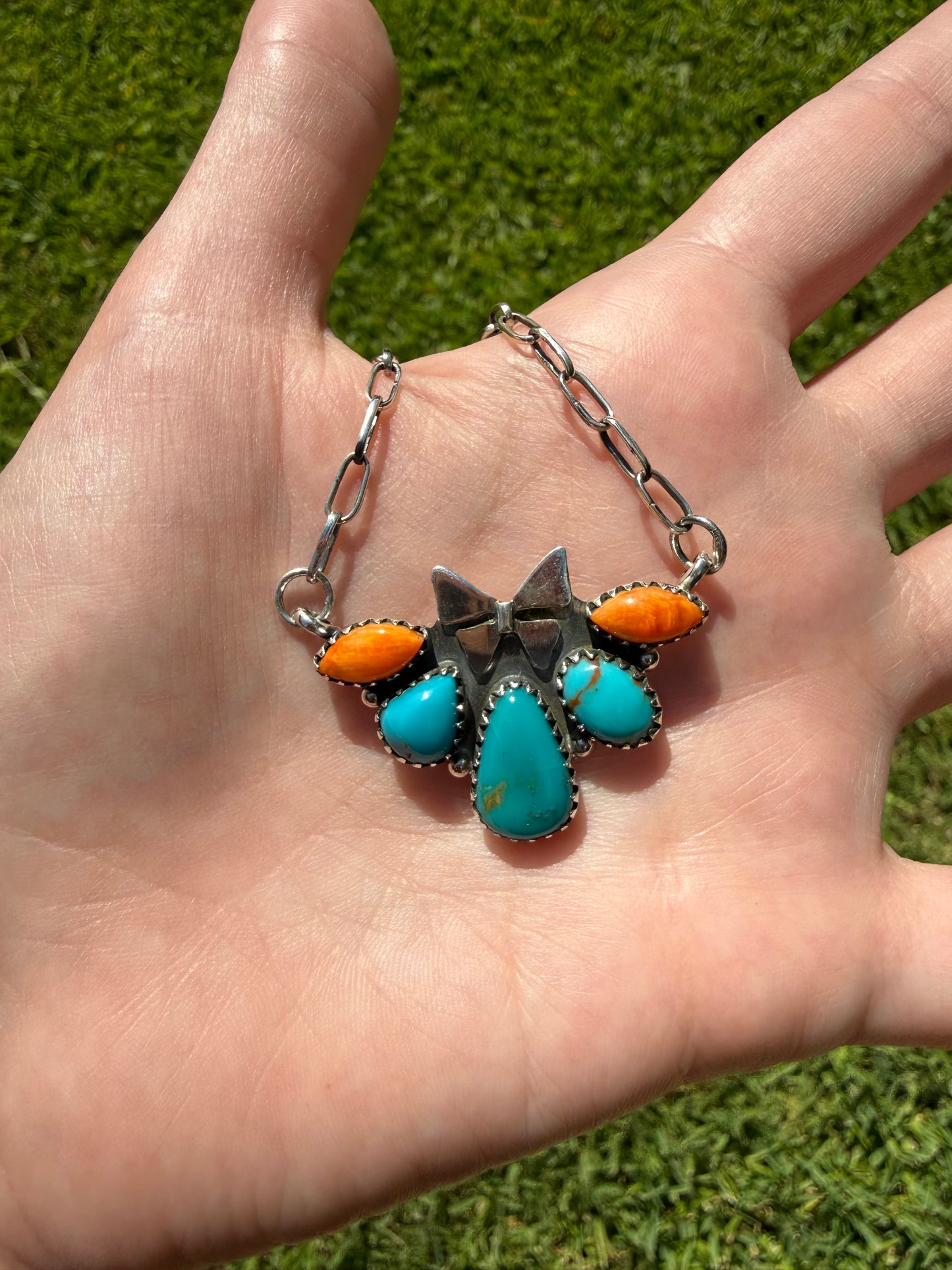 Turquoise and Orange Spiny Butterfly Half Flower Sterling Silver Necklace