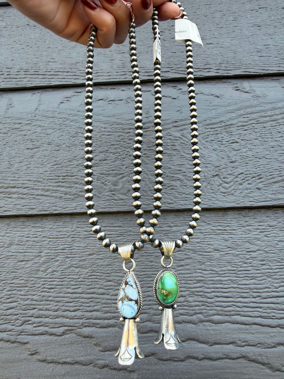 Navajo Premium Turquoise Squash Horn Sterling Silver Pearl Necklace by Sharon McCarthy