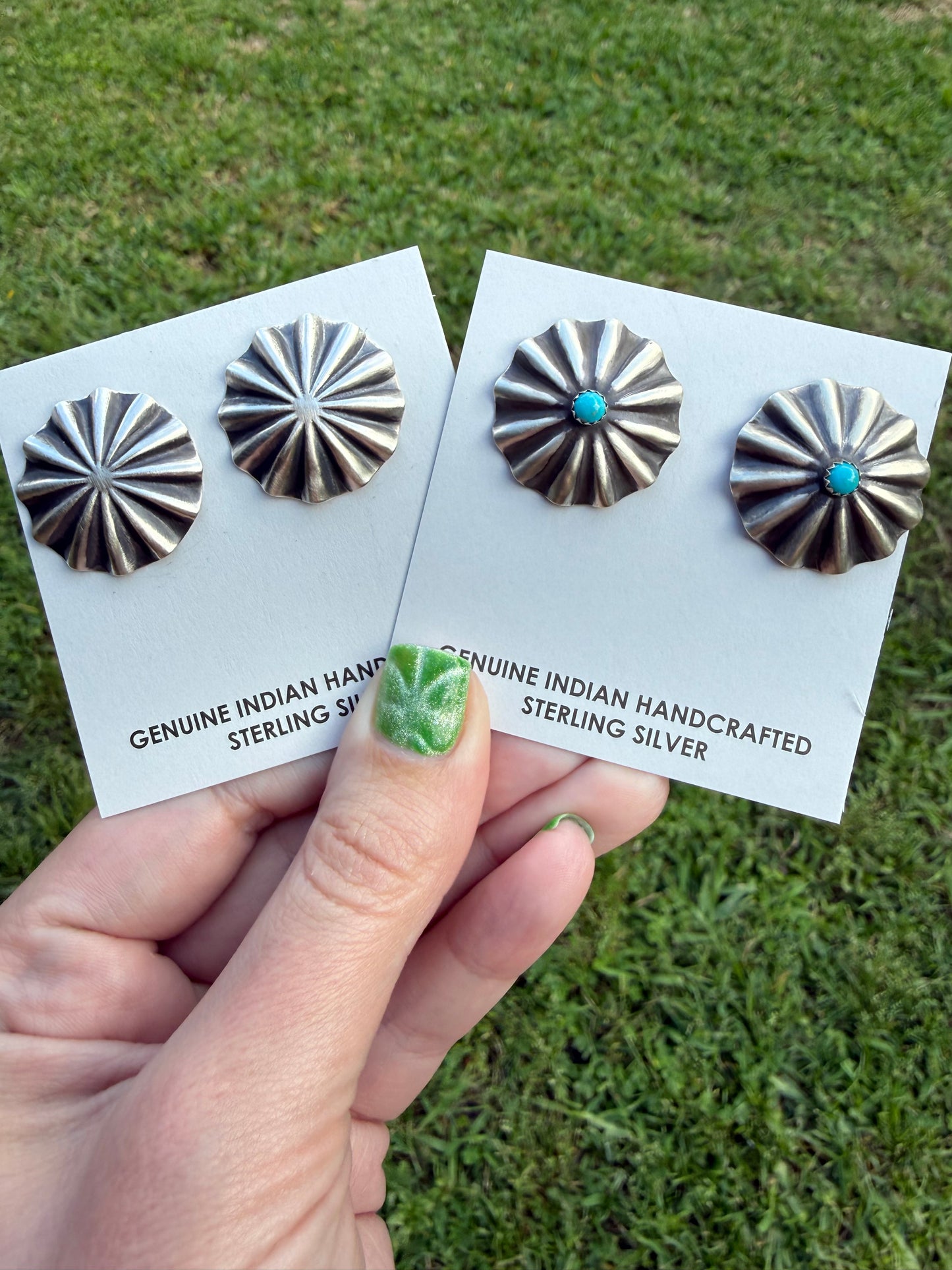 Navajo Concho Sterling Silver and Turquoise Earrings by Arlene Soce