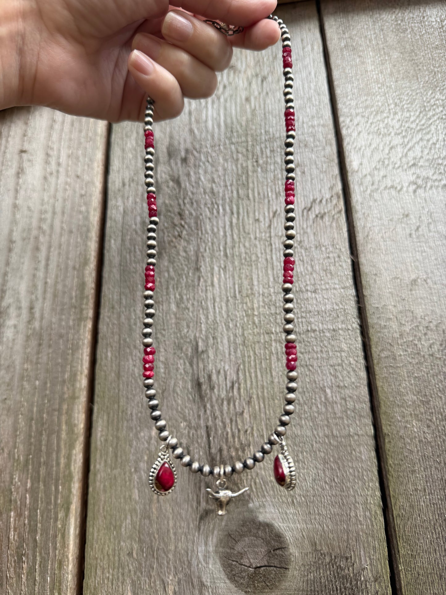 Rose Dahlia and Ruby Long Horn Desert Pearl Sterling Silver 925 Necklace