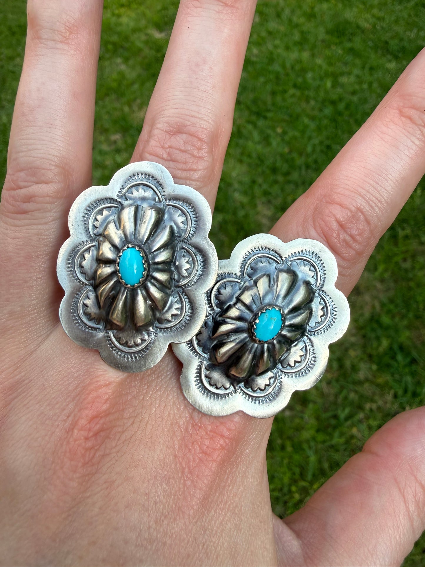 Native Turquoise Concho Adjustable Sterling Silver Rings