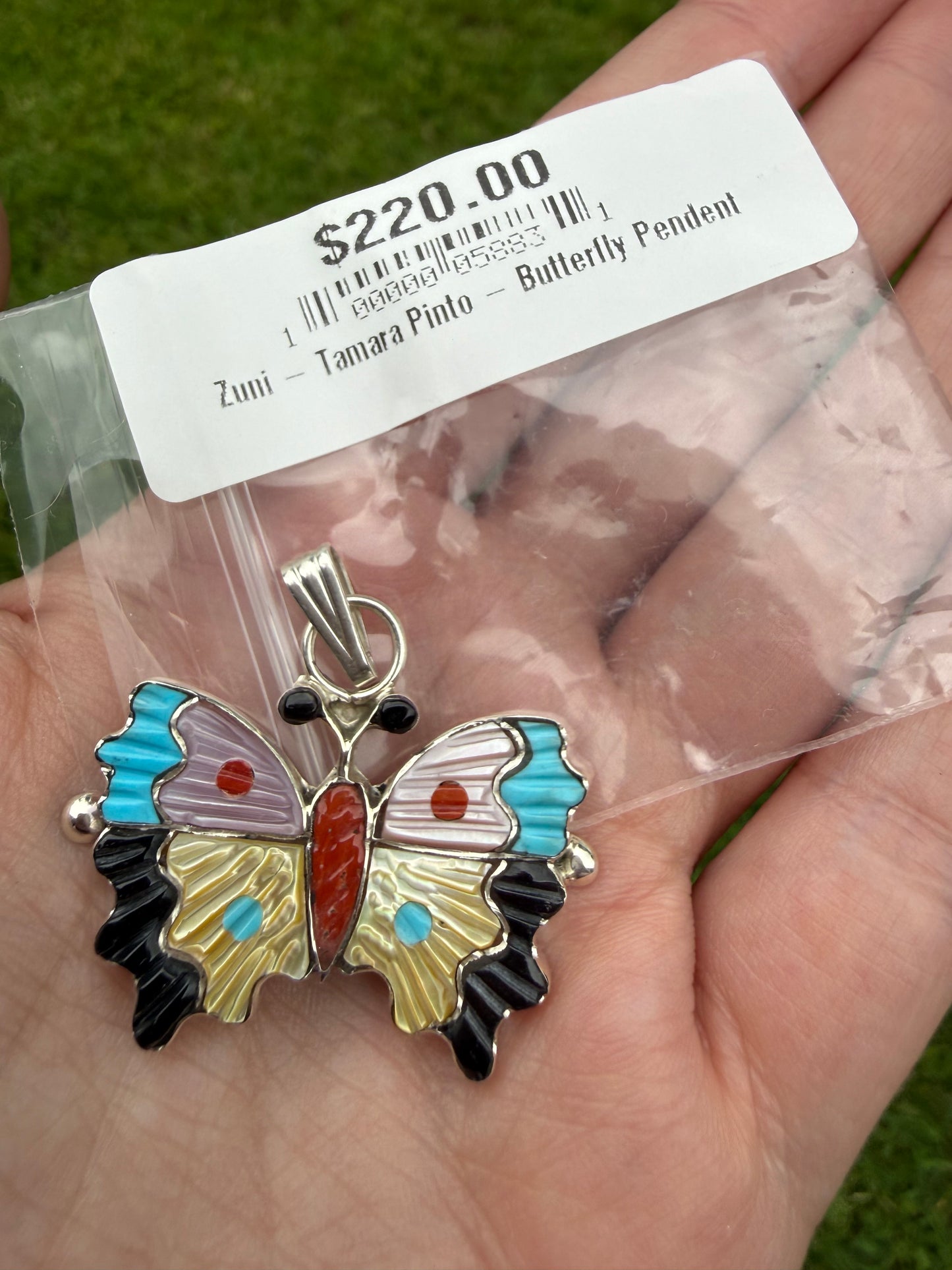 Zuni Butterfly Multi Stone Inlay Sterling Silver Pendant