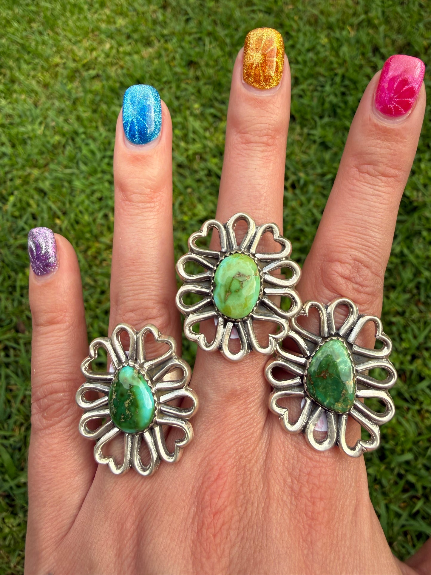 Sonoran Gold Turquoise Heart Daisy Flower Sterling Silver Adjustable Ring
