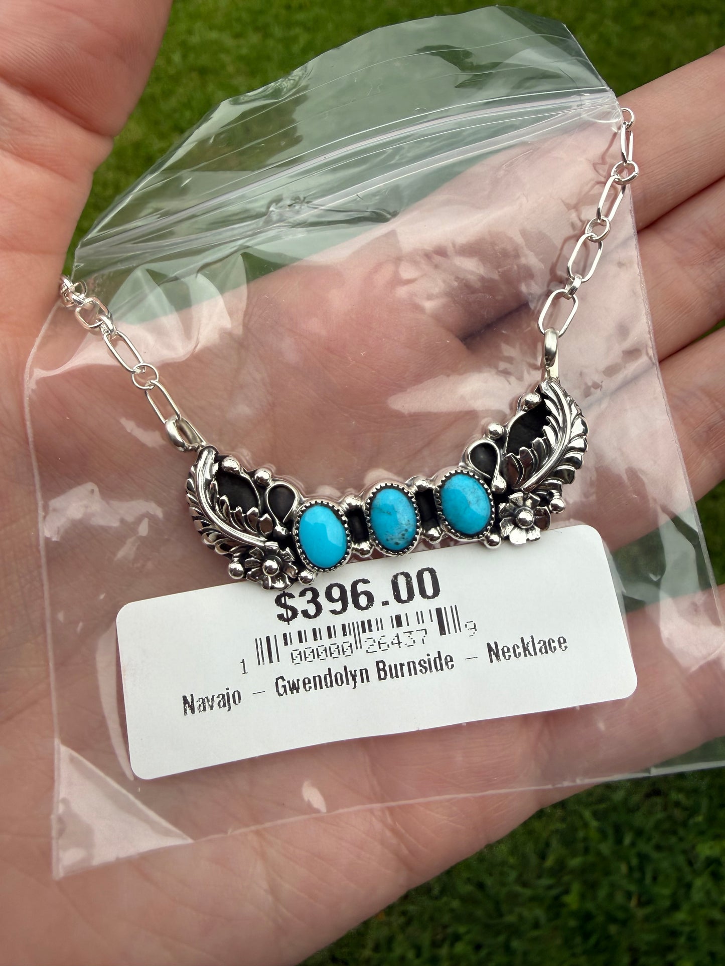 Navajo Triple Stone With Leaf Accent Sterling Silver Bar Necklace