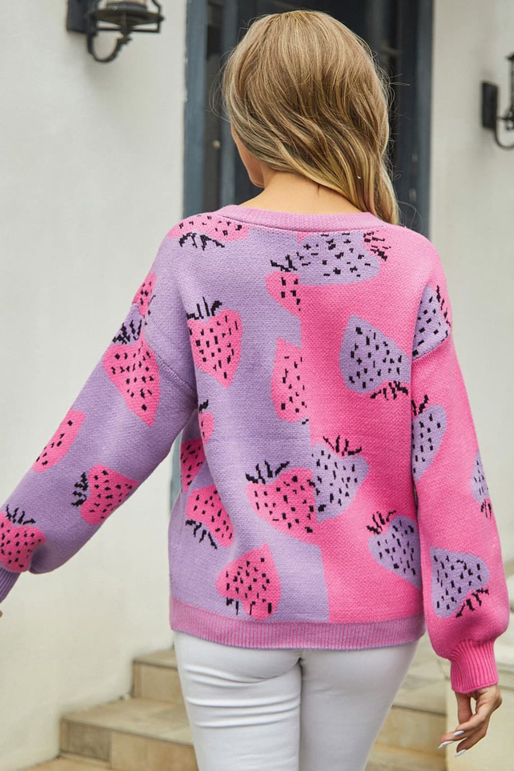 Printed V-Neck Button-Down Long Sleeve Cradigan