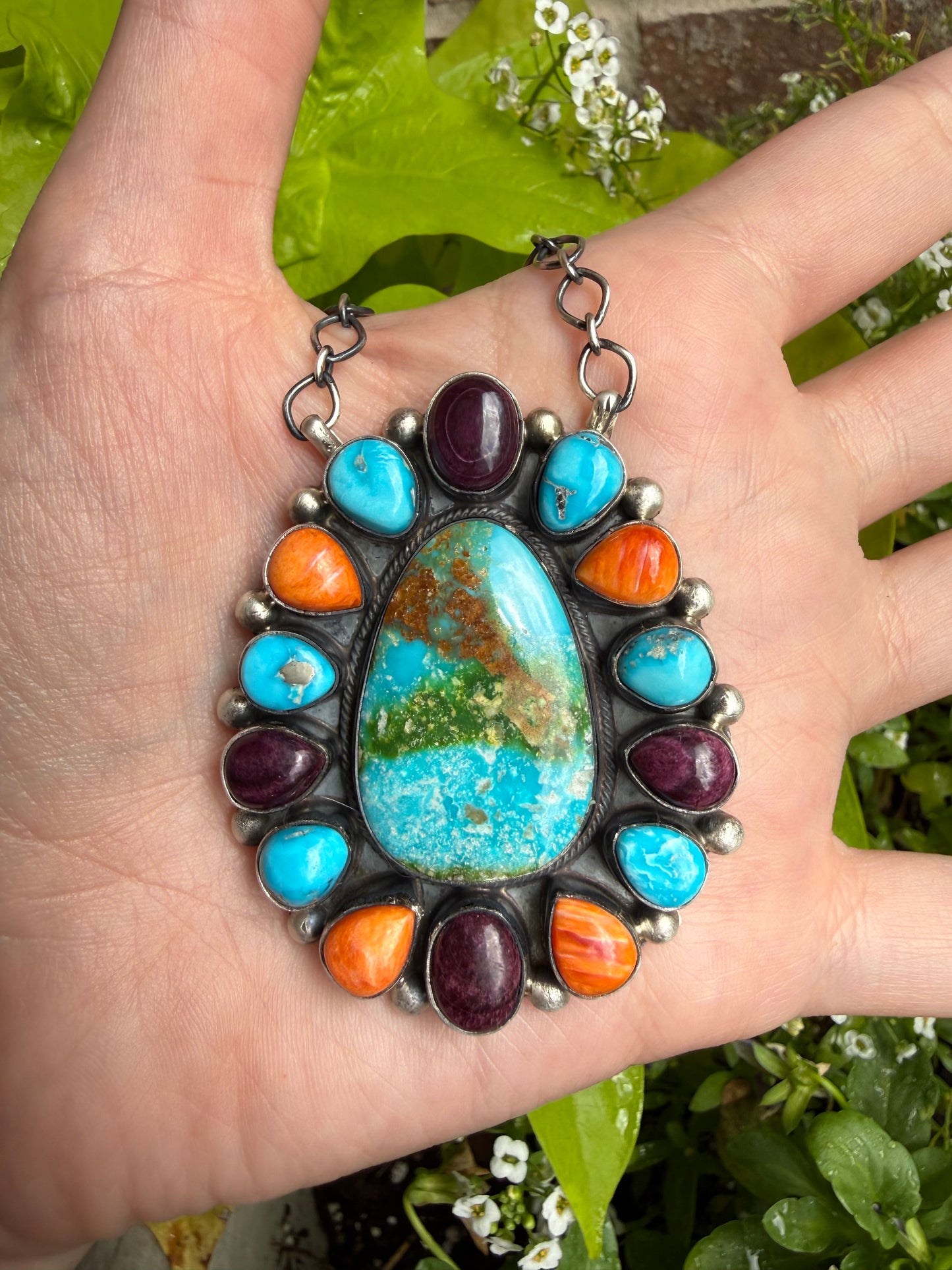 Native Multi Stone Full Flower Cluster Sterling Silver Necklace