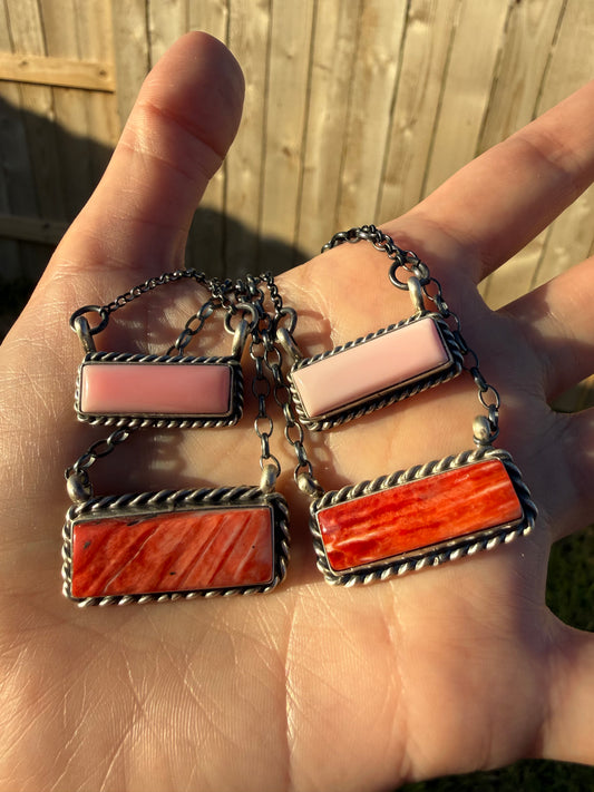 Navajo Classic Bar Pink Conch or Red Spiny Sterling Silver Necklace