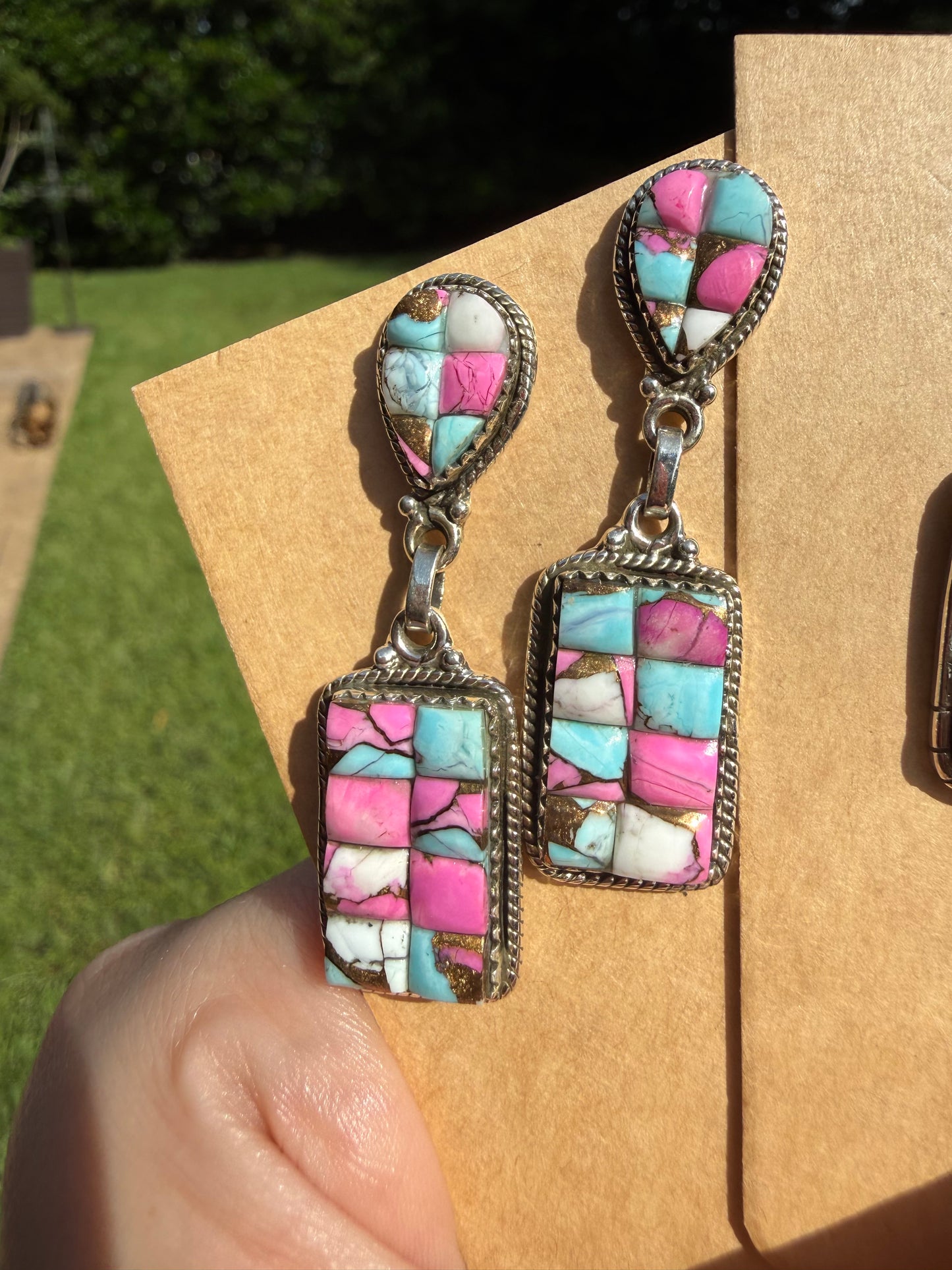 Cotton Candy Turquoise Cobblestone Sterling Silver Bar Dangle Earrings