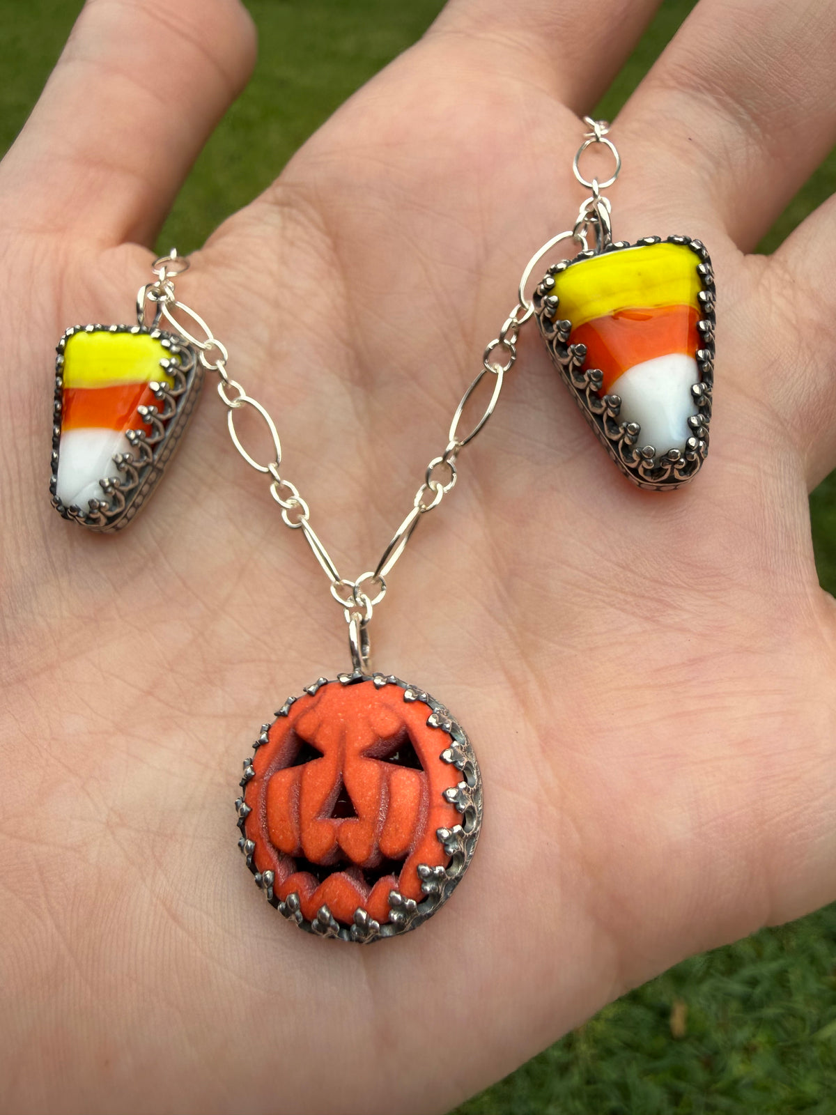 Halloween Pumpkin and Candy Corn Sterling Silver Charm Necklace
