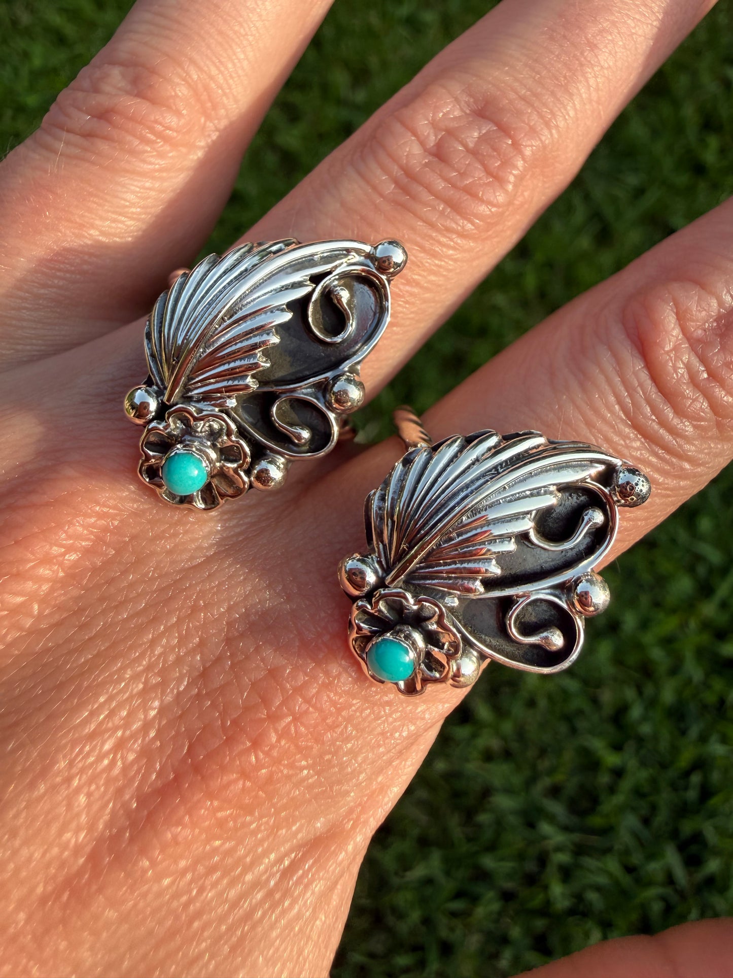 Navajo Turquoise Leaf and Flower Accent Sterling Silver Ring
