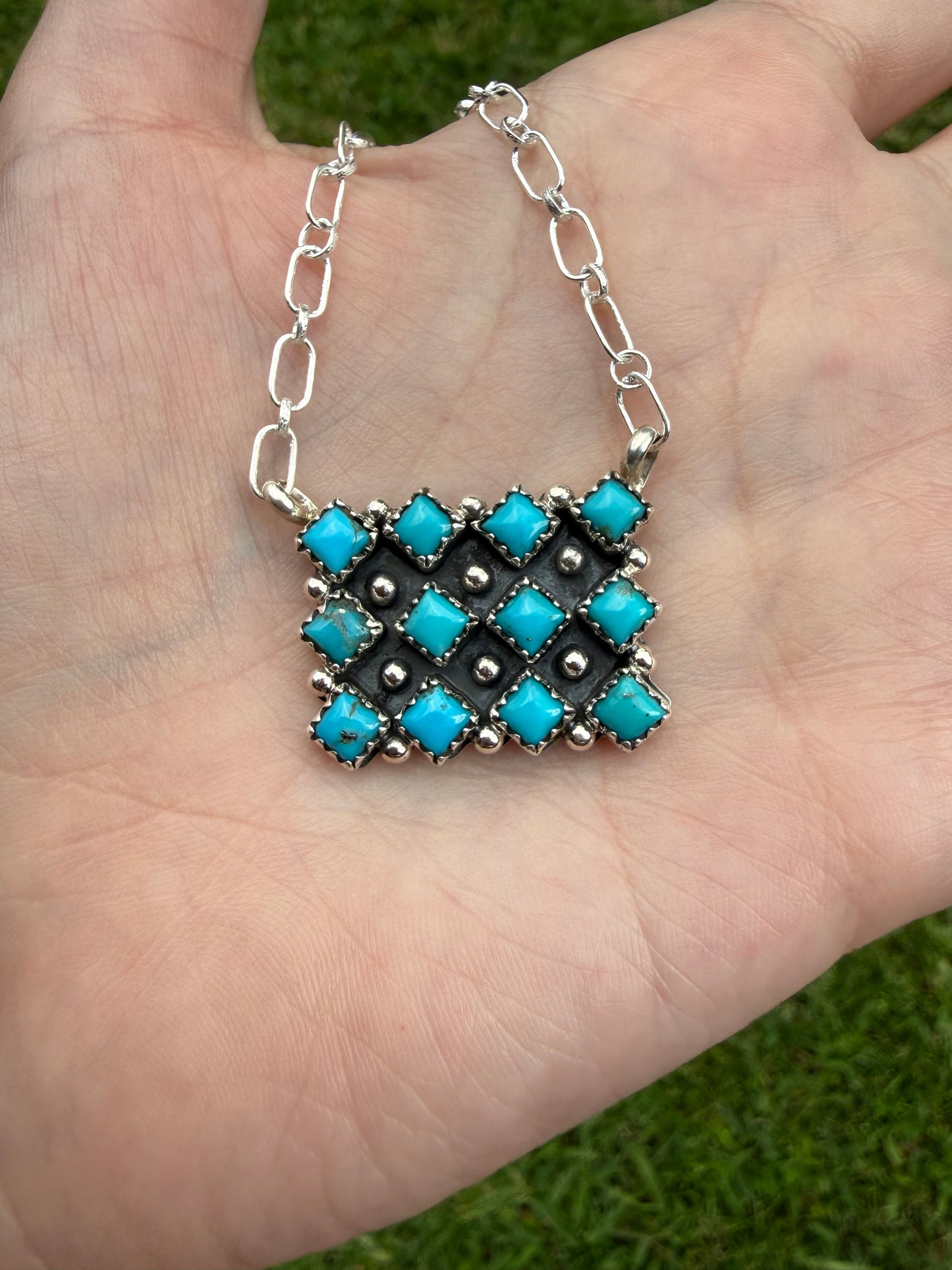 Navajo Turquoise Cluster Bar Sterling Silver Necklace by