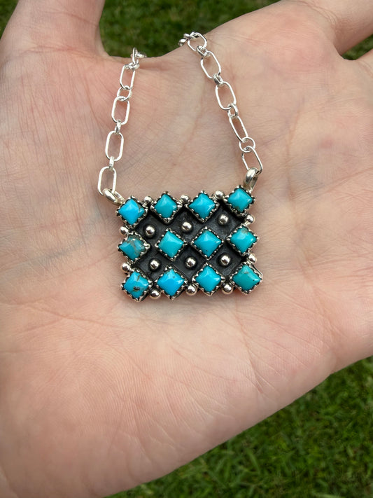 Navajo Turquoise Cluster Bar Sterling Silver Necklace by