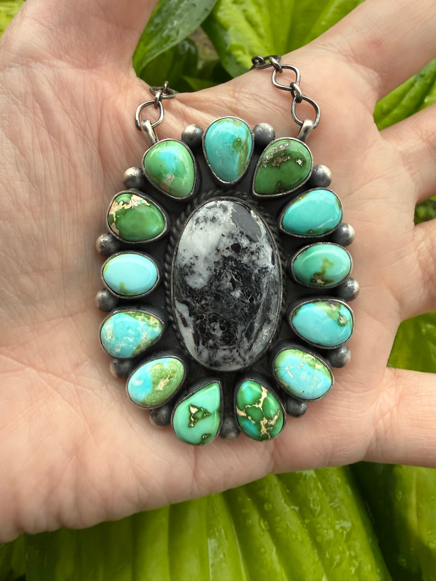 Navajo Sonoran Gold Turquoise and White Buffalo Full Flower Cluster Sterling Silver Necklace