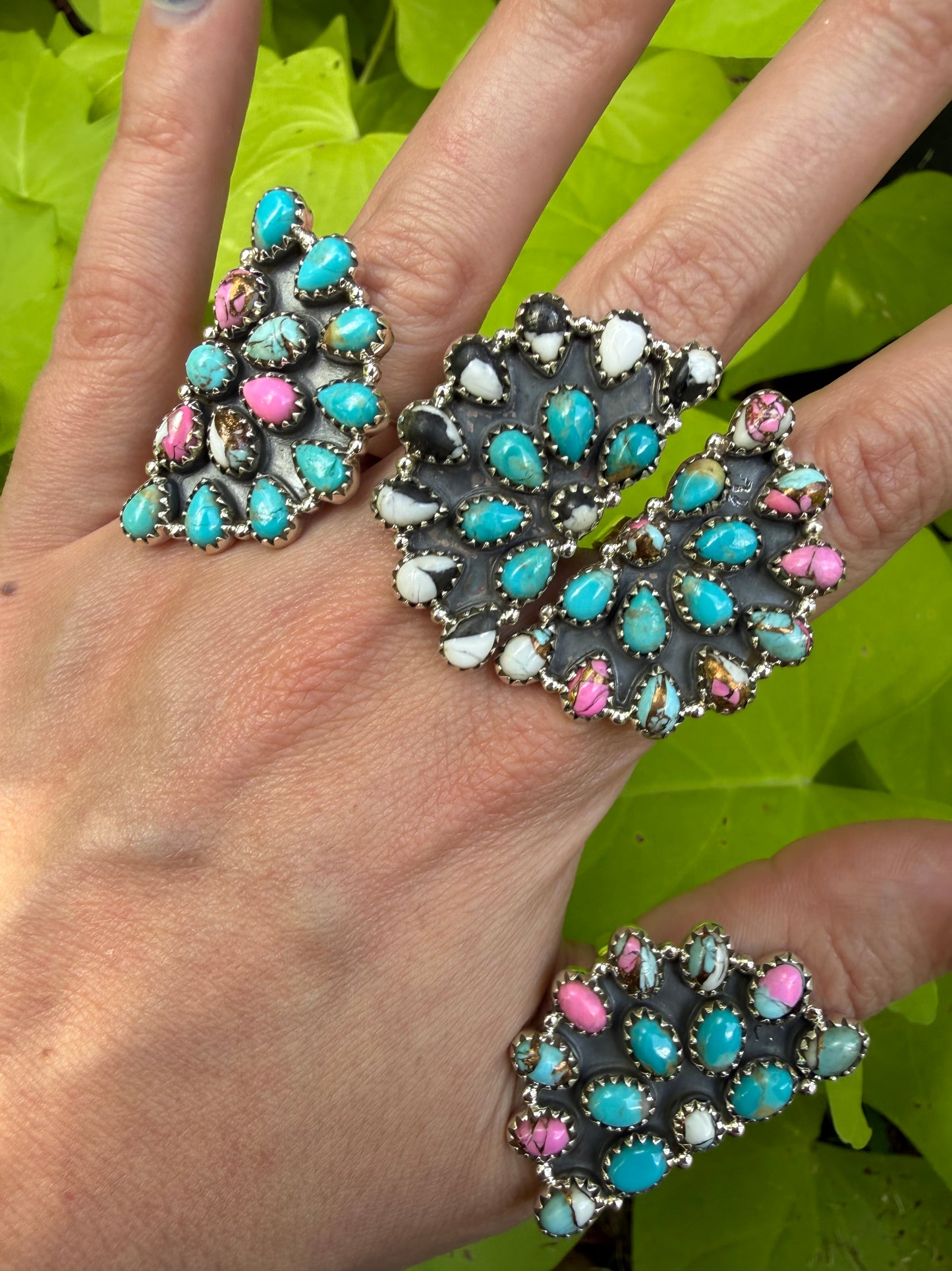 Cotton Candy, Kingman Turquoise, White Buffalo Half Circle Cluster Sterling Silver Adjustable Ring