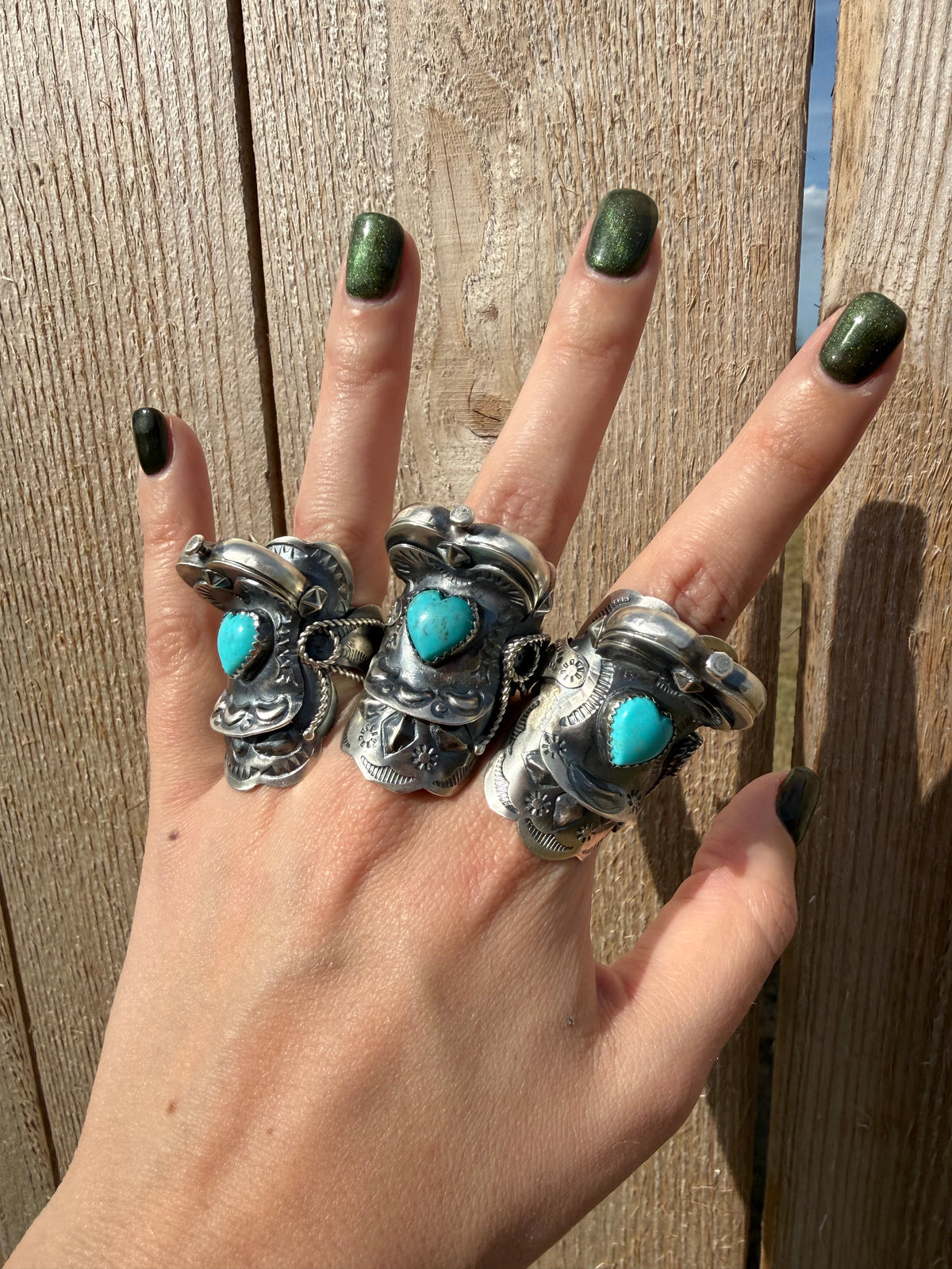 Navajo Turquoise Heart Saddle Sterling Silver Adjustable Ring by Tim Yazzie