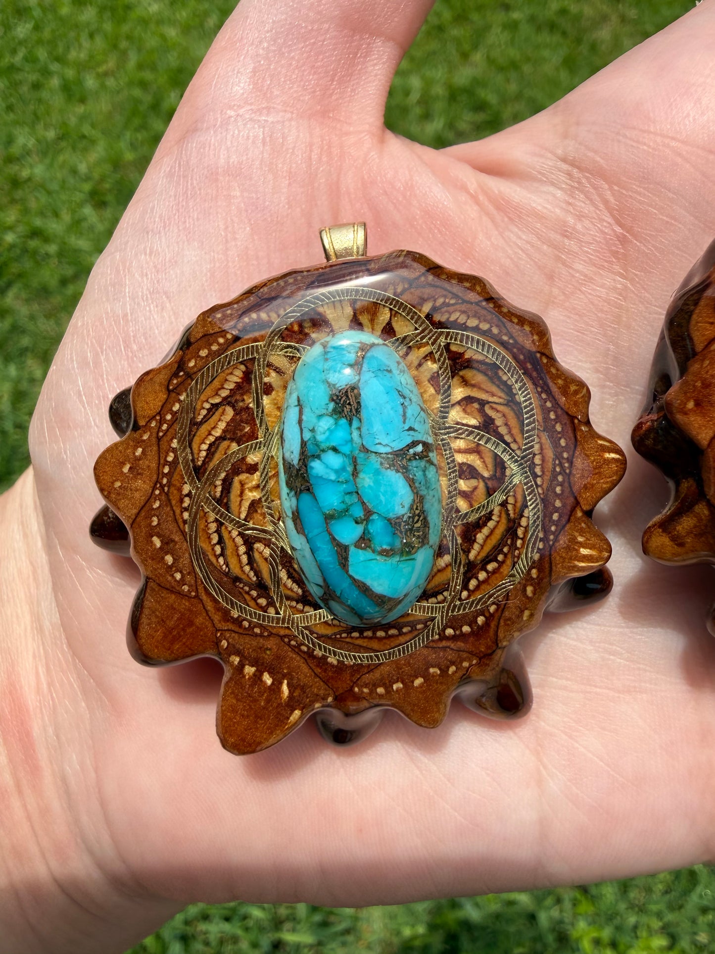 Blue Mohave Turquoise with Seed of Life Pinecone Pendant Necklace