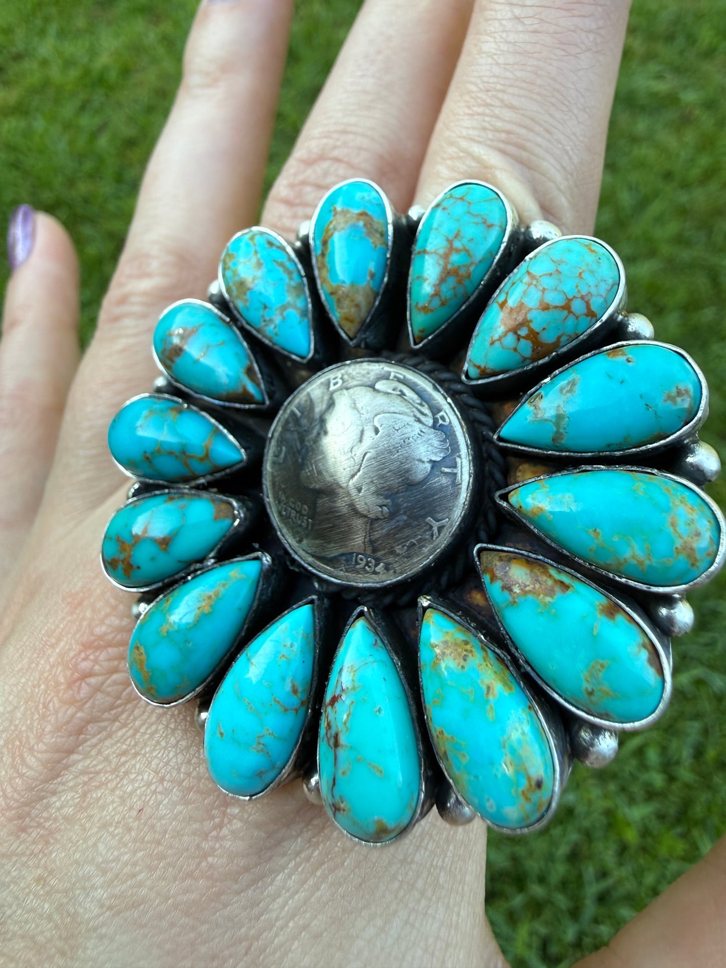Native Coin Full Flower Kingman Turquoise Sterling Silver Adjustable Ring