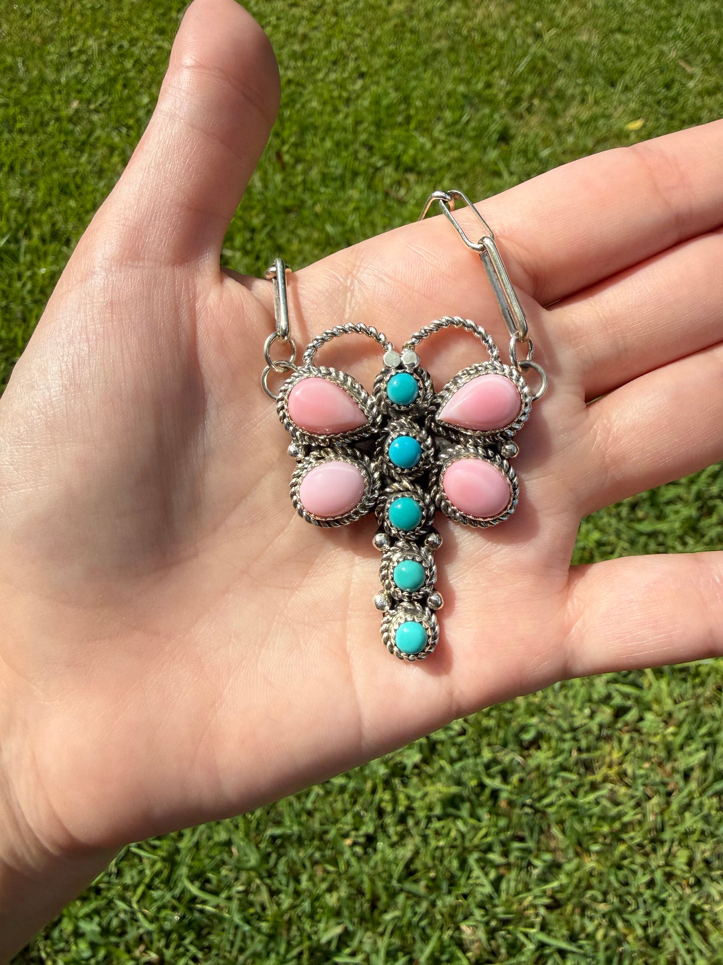 Navajo Sleeping Beauty Turquoise and Pink Conch Dragonfly Sterling Silver Necklace