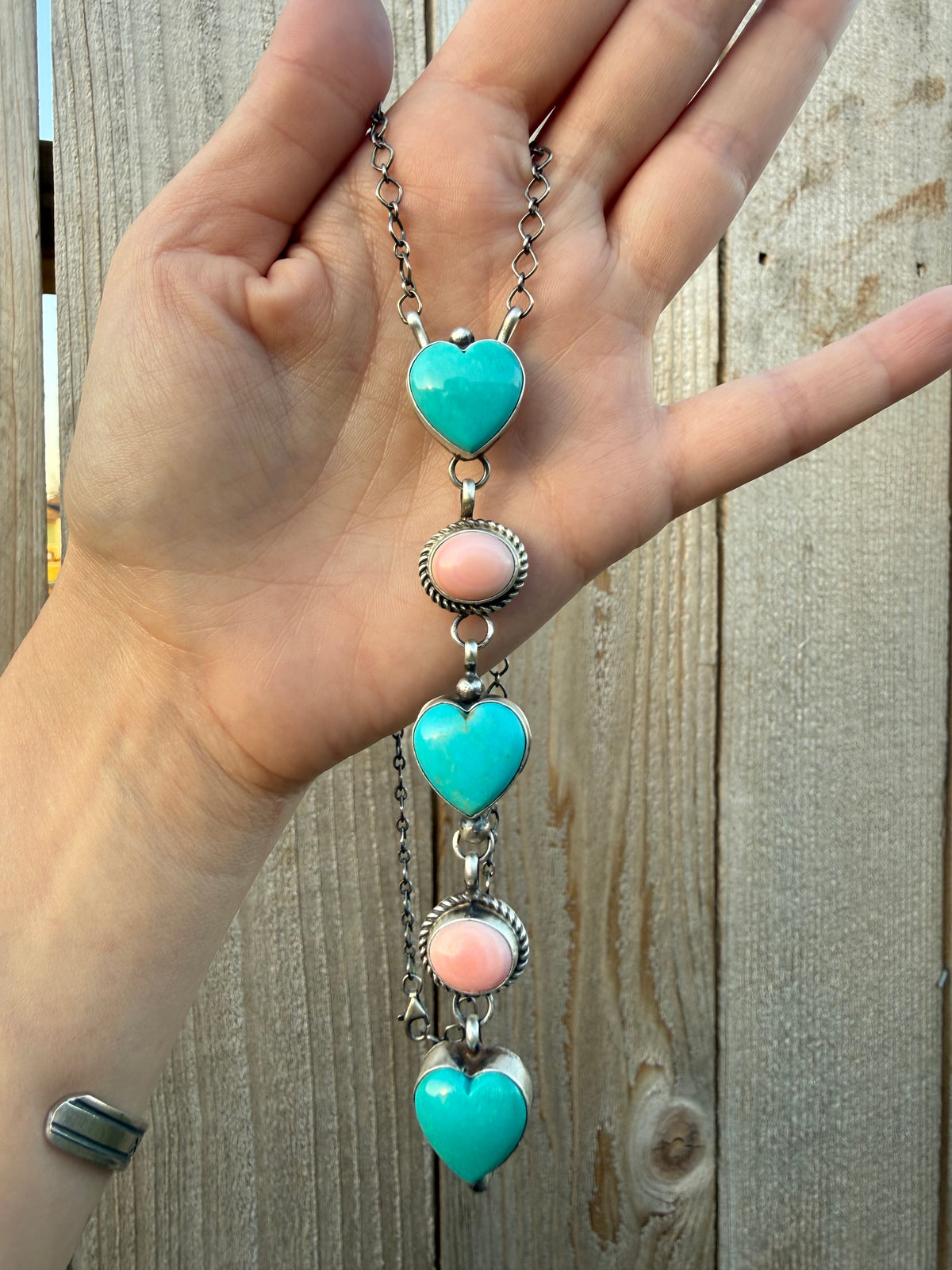 Navajo Pink Conch and Turquoise Heart Lariat Sterling Silver Handmade Necklace by Vicky Hicks