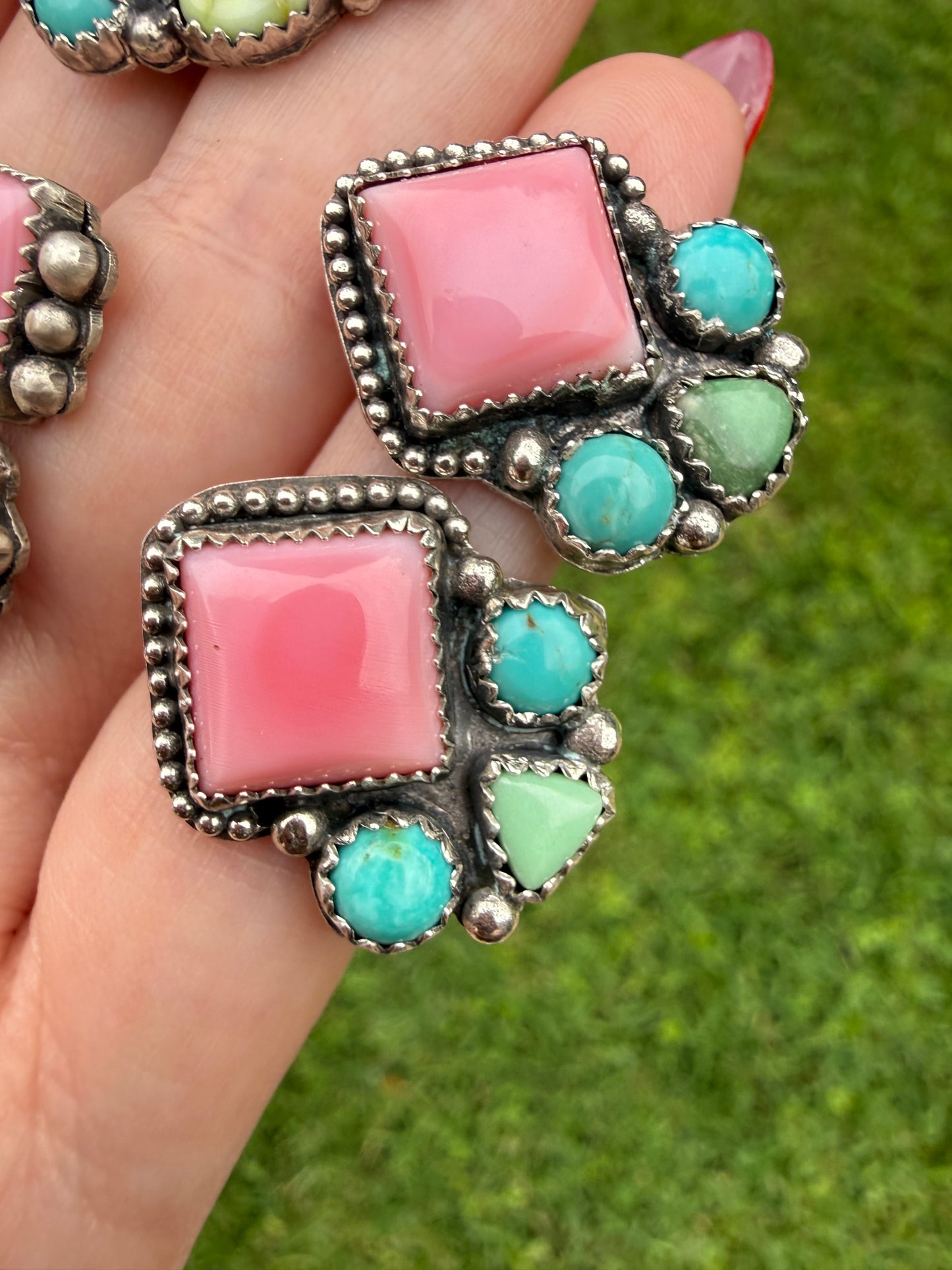 Pink Conch Sterling Silver Multi Stone Stud Earrings