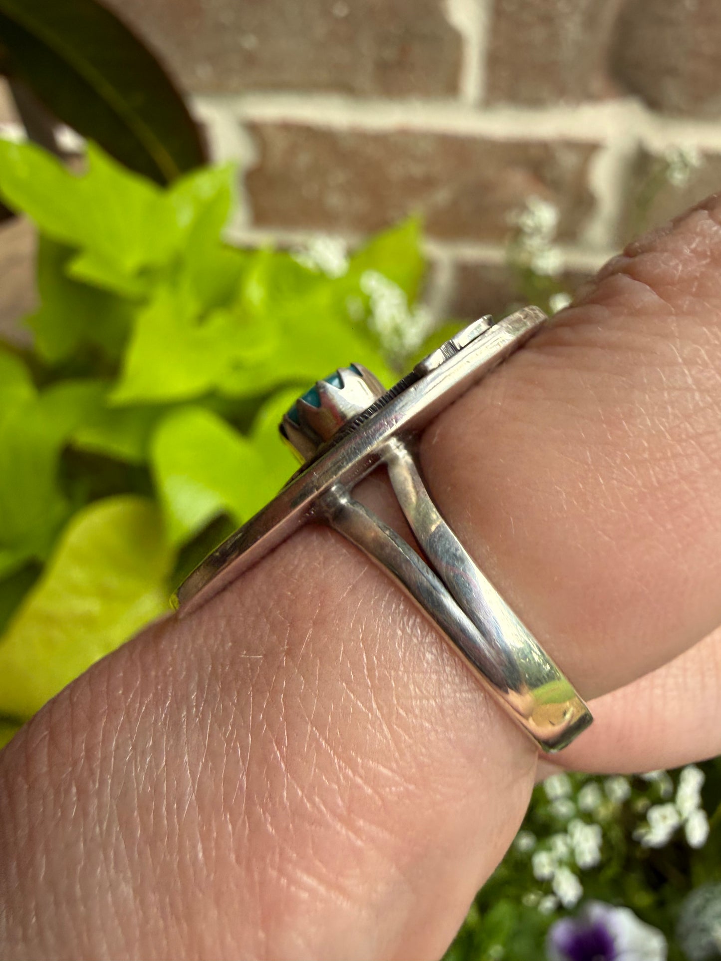 Bird with Turquoise Coin Style Sterling Silver Ring - Size 7.5