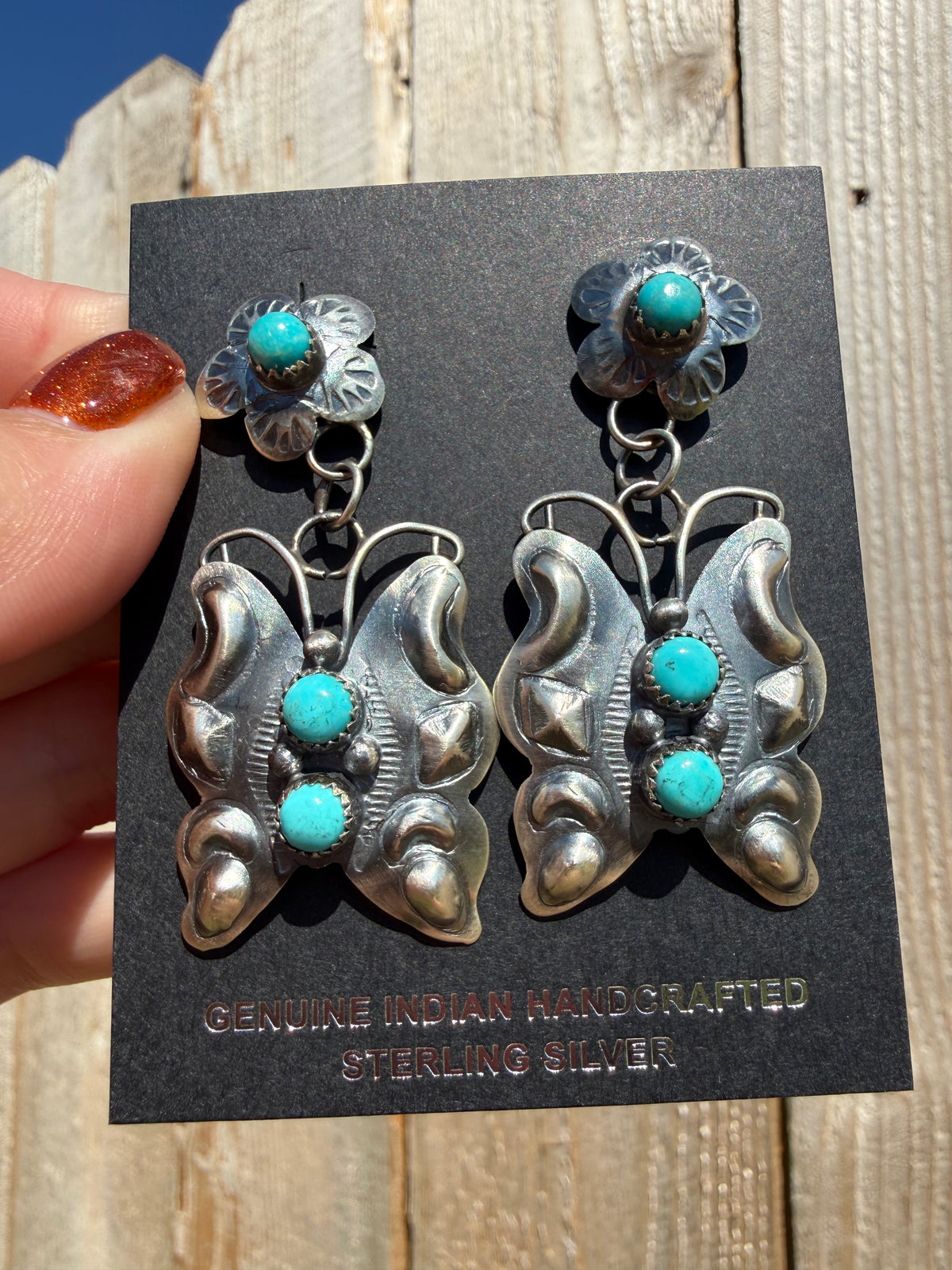 Navajo Butterfly Turquoise Sterling Silver Flower Concho Earrings