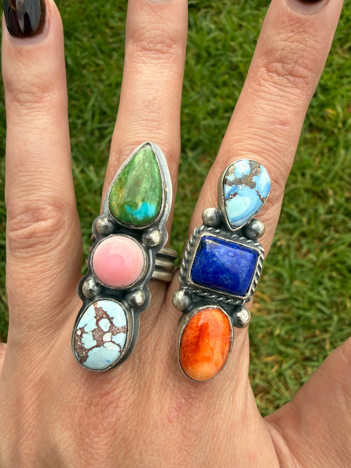 Navajo Multi Stone Turquoise Crawler Sterling Silver Adjustable Ring
