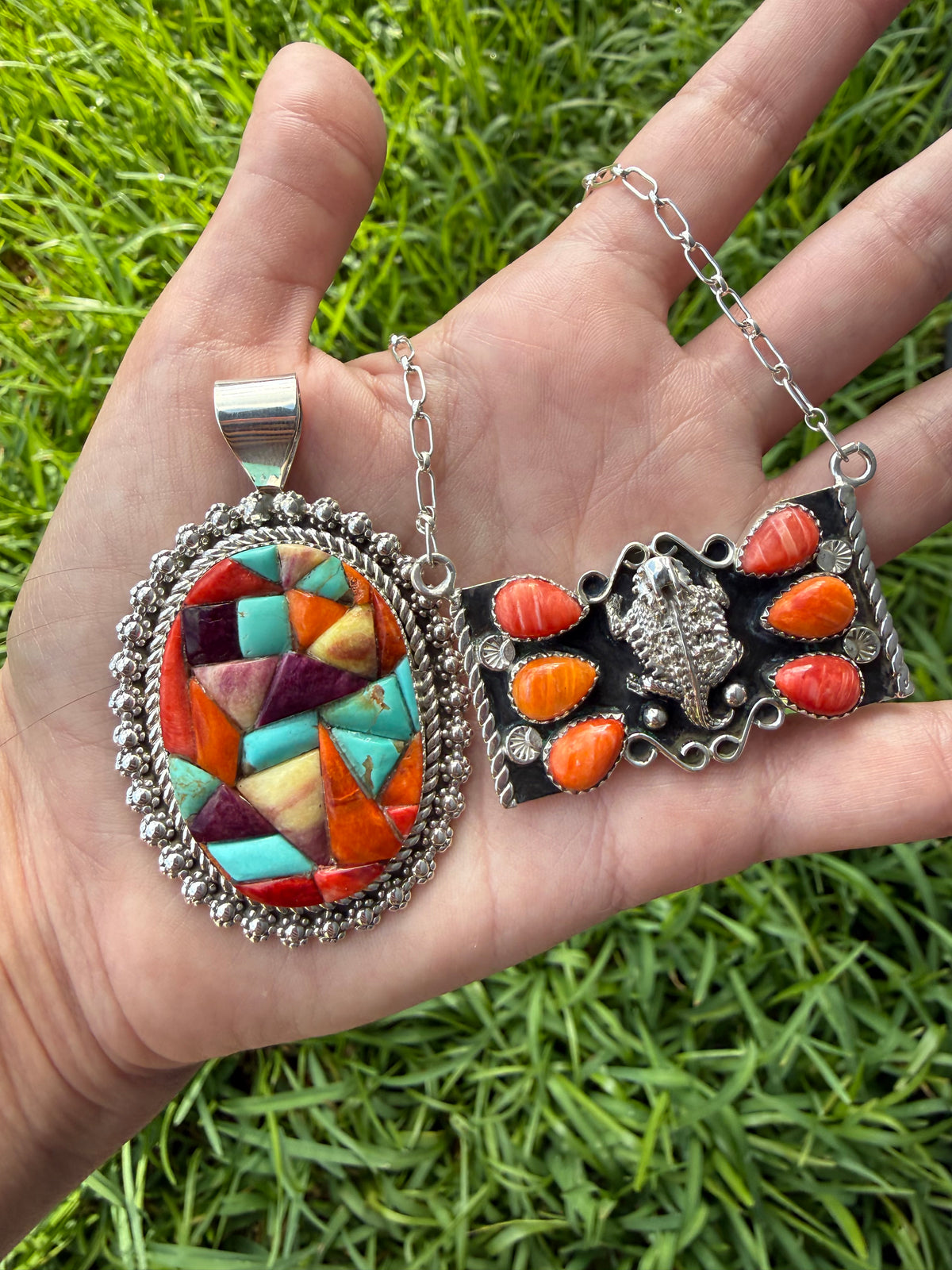 Navajo Multi Stone Spiny and Turquoise Sterling Silver Cobblestone Pendant