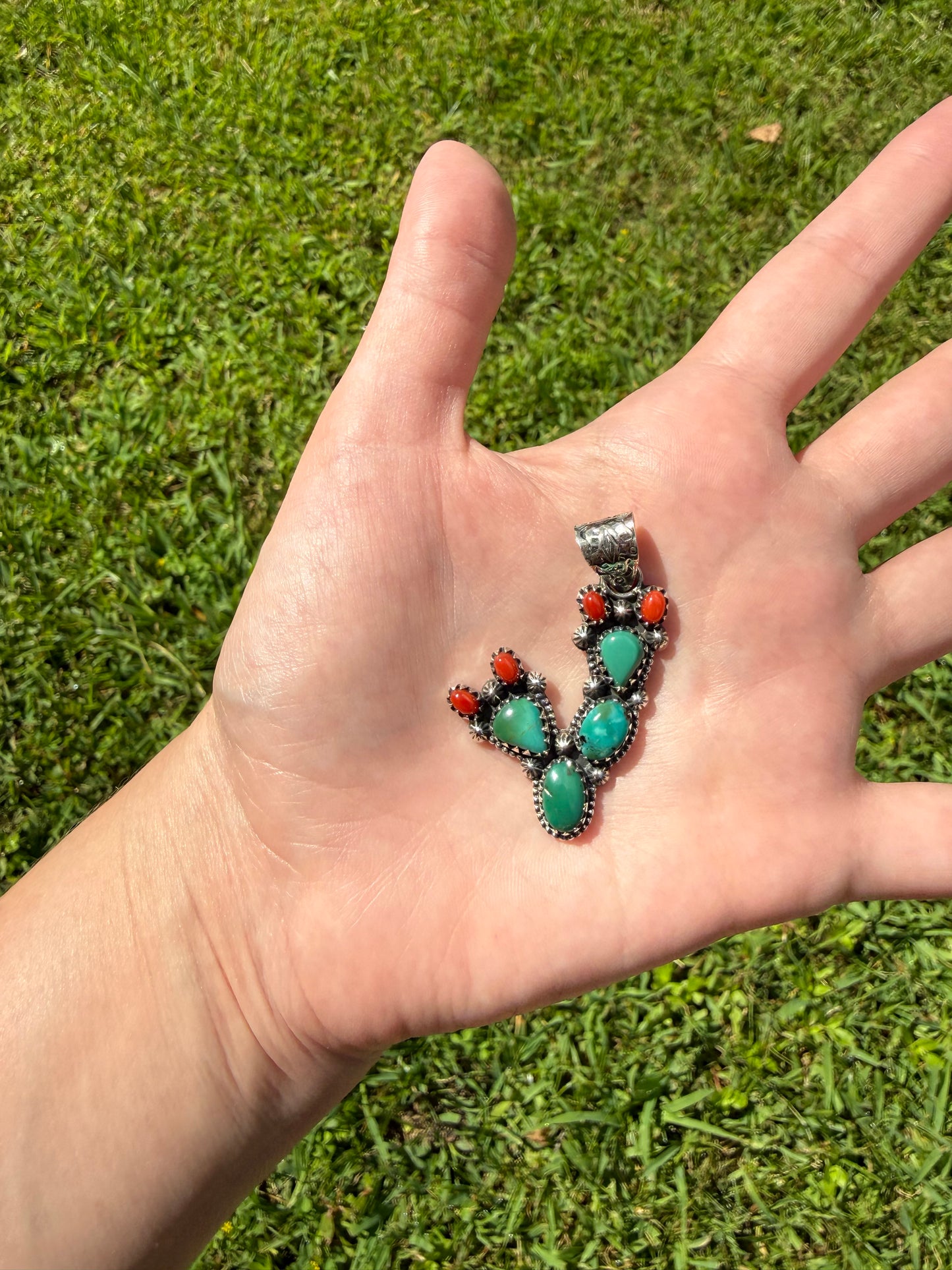 Kingman Turquoise and Coral Cactus Pendant