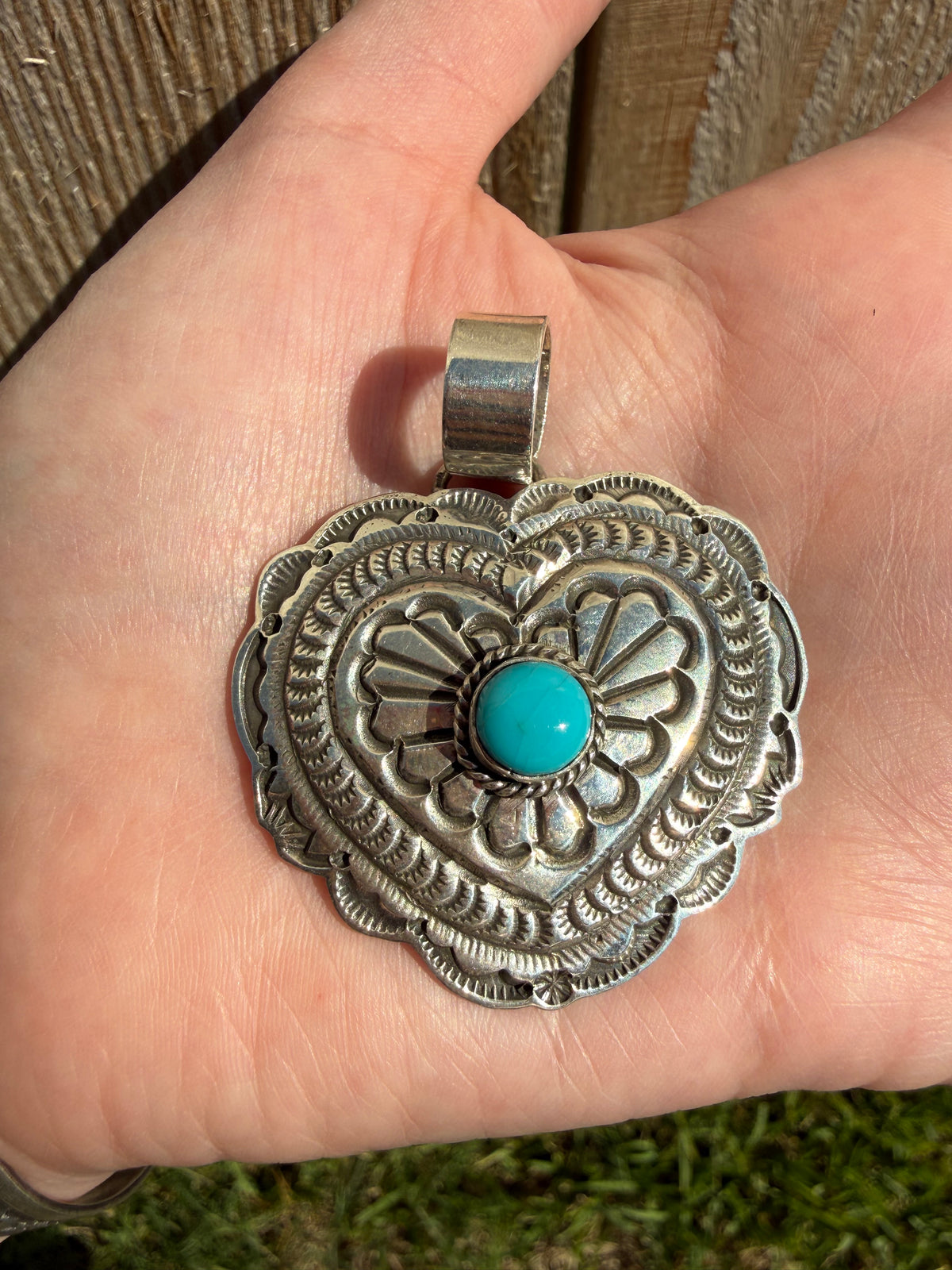 Navajo Turquoise Heart Sterling Silver Stamped Pendant