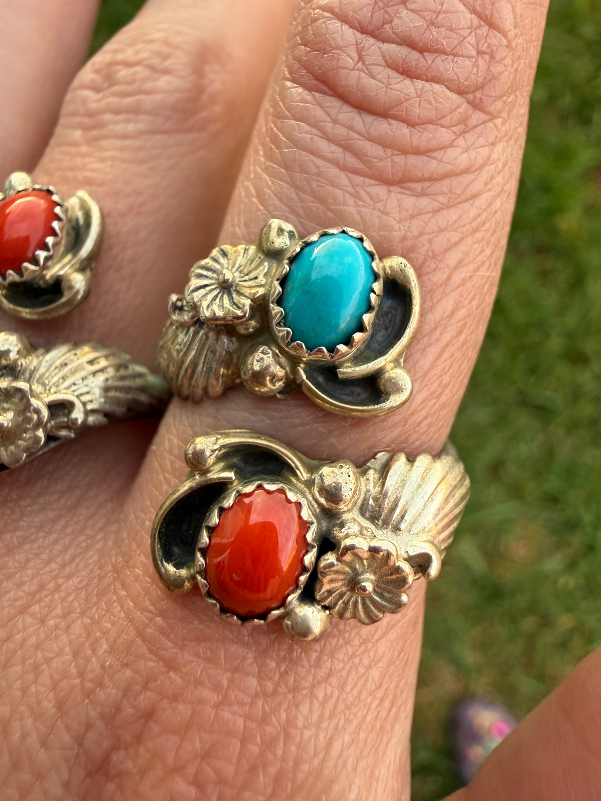 Navajo Coral and Turquoise Flower Accent Sterling Silver Floater Bypass Ring