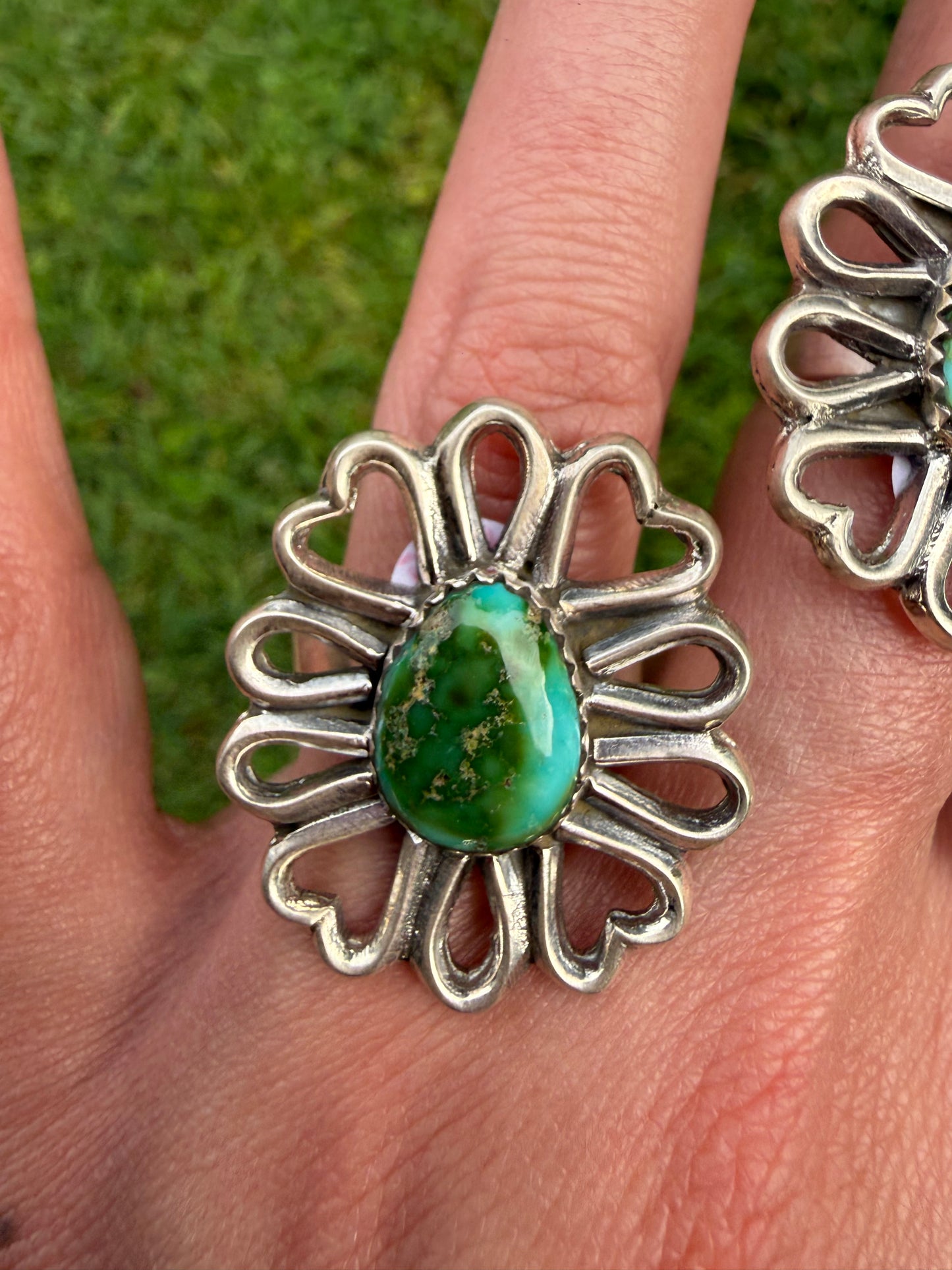 Sonoran Gold Turquoise Heart Daisy Flower Sterling Silver Adjustable Ring