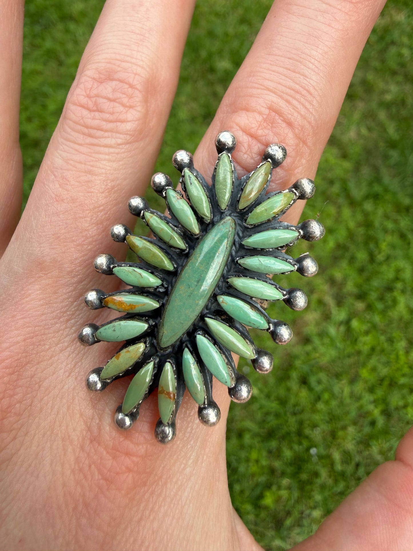Kingman Turquoise Needlepoint Sterling Silver Adjustable Ring