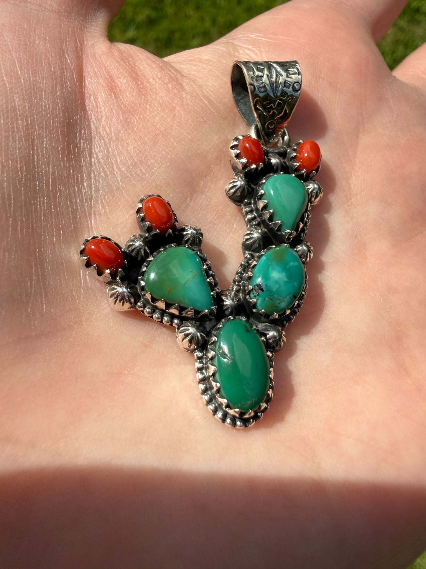 Kingman Turquoise and Coral Cactus Pendant