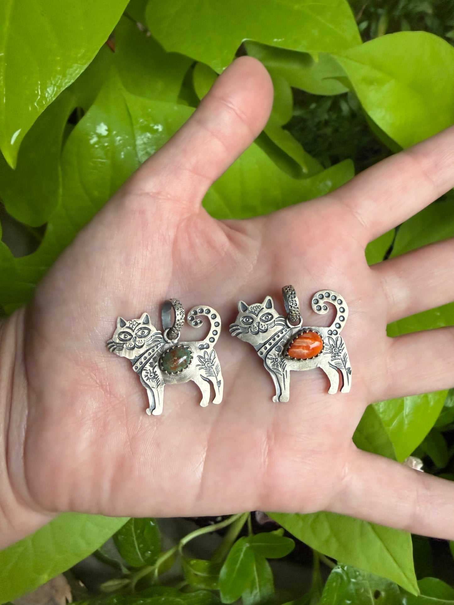 Turquoise or Orange Spiny Cat Sterling Silver Pendant