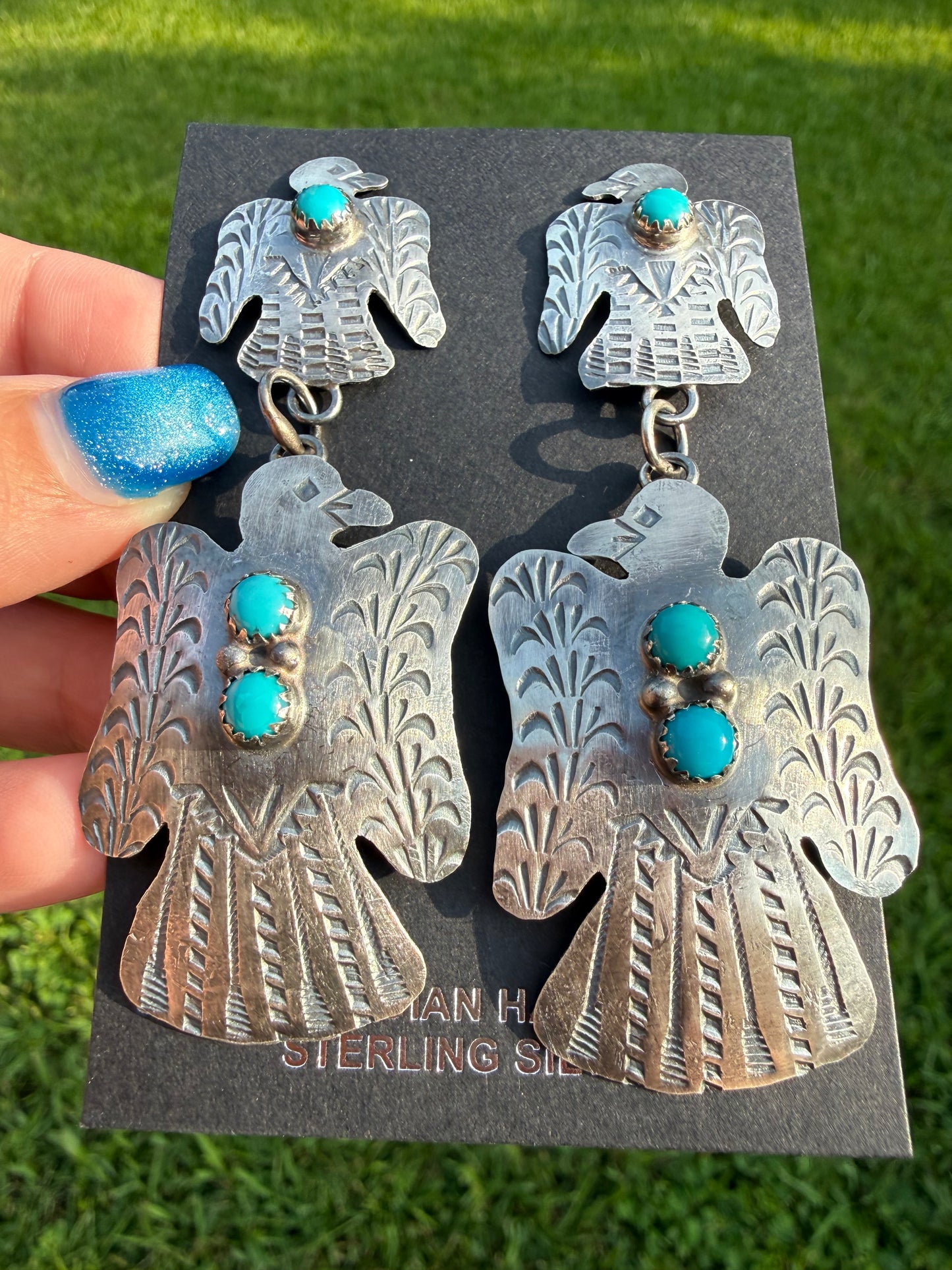Navajo Turquoise Double Thunderbird Dangle Sterling Silver Earrings