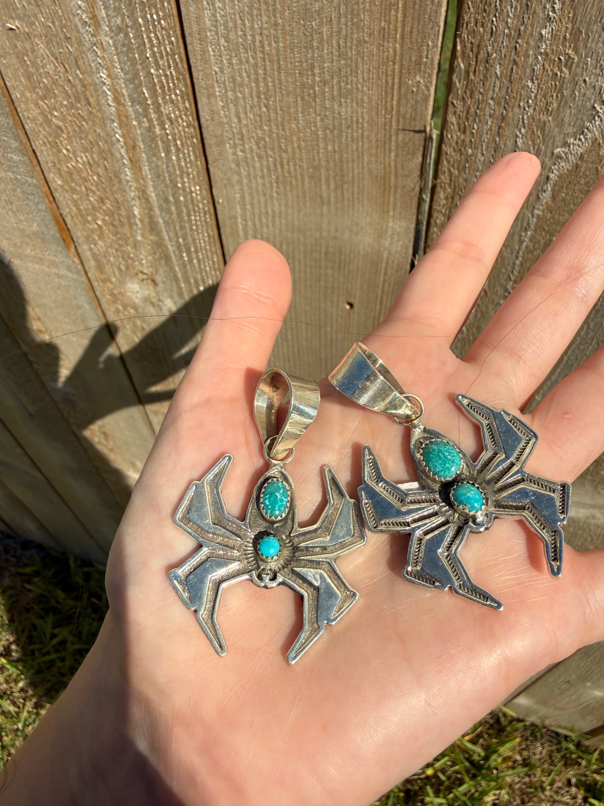 Navajo Spider Double Turquoise Stone Sterling Silver Pendant