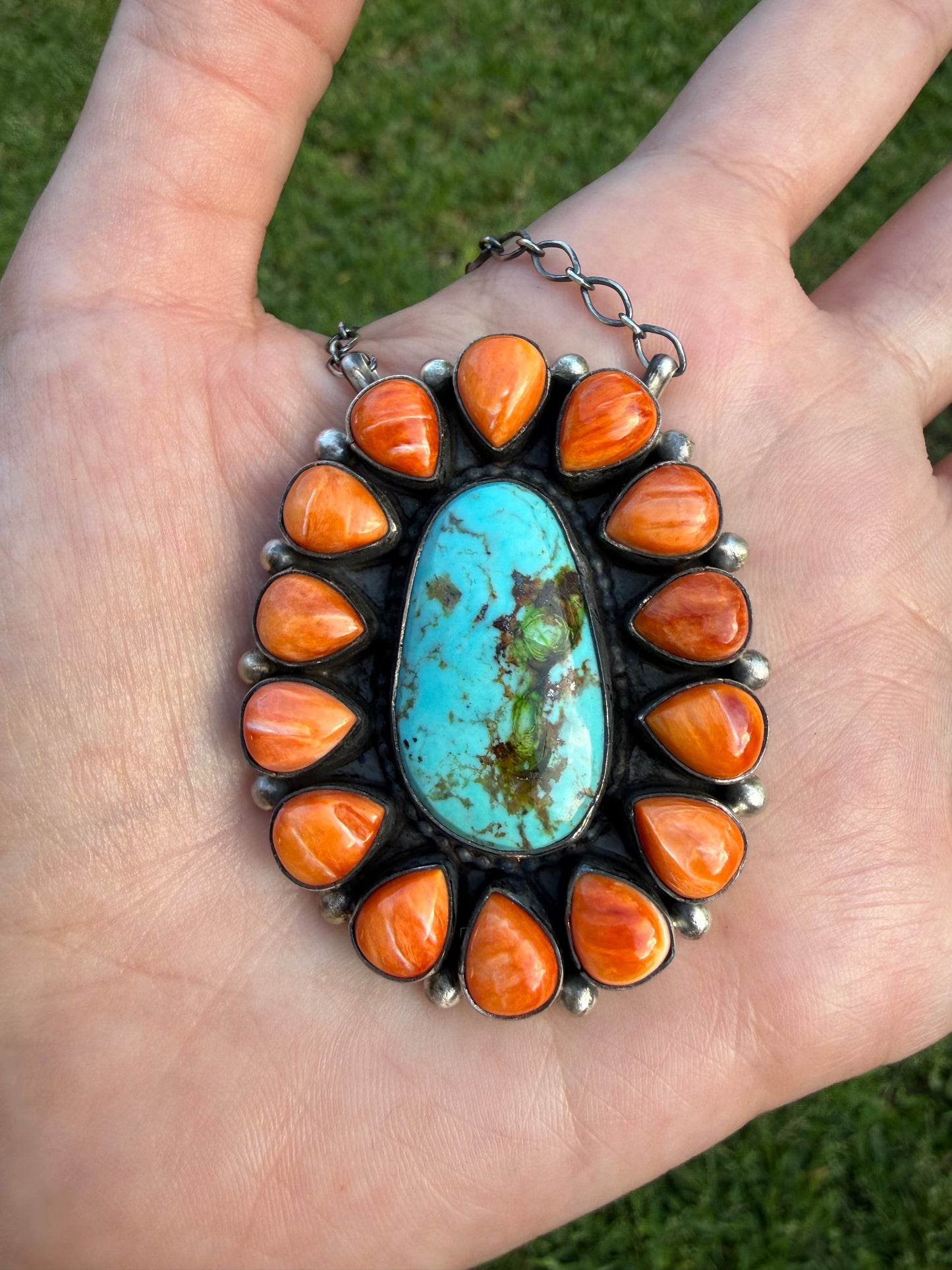 Navajo Sonoran Gold Turquoise and Orange Spiny Full Flower Cluster Necklace