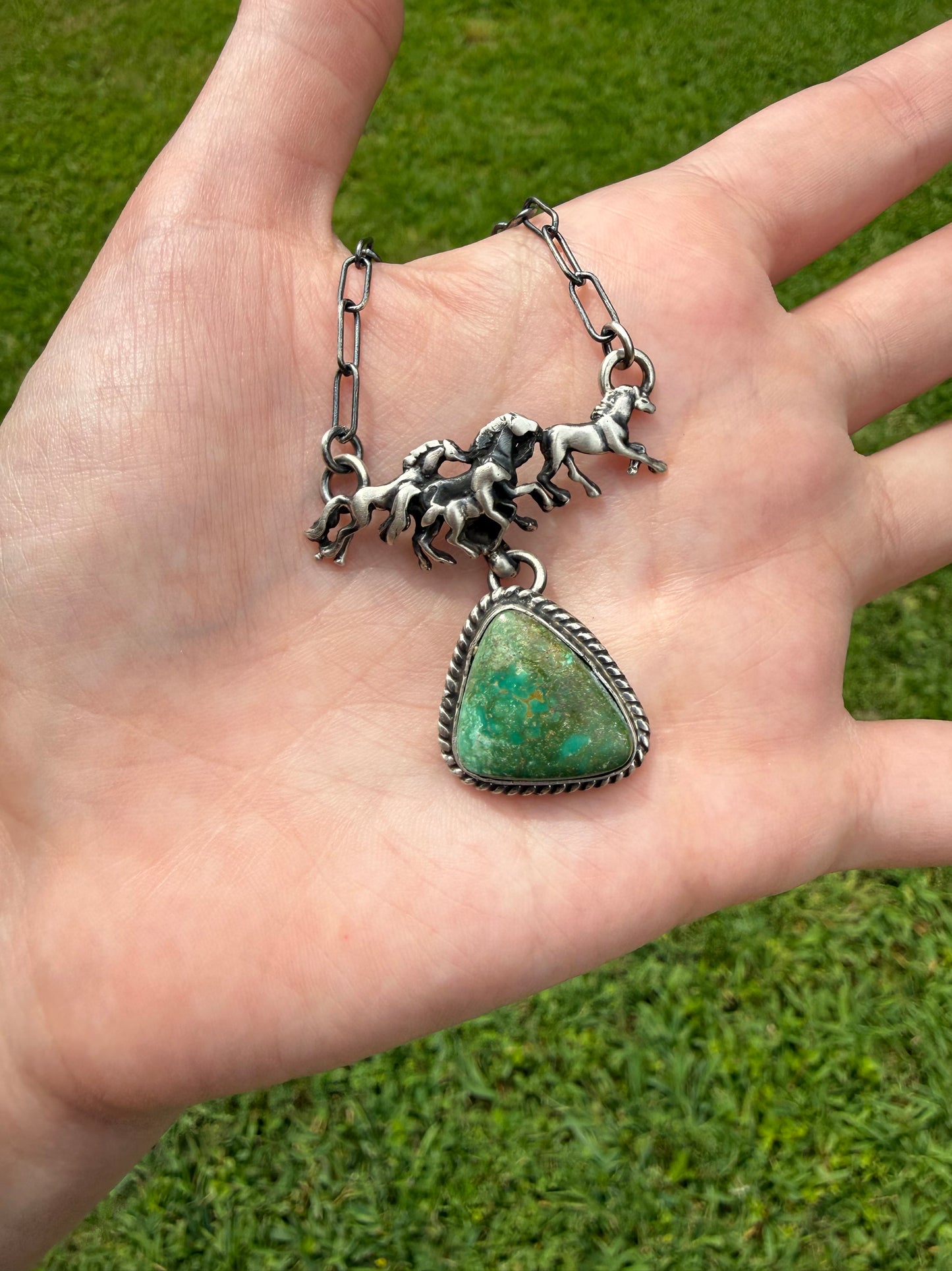 Navajo Turquoise Horse Scene Sterling Silver Lariat Necklace