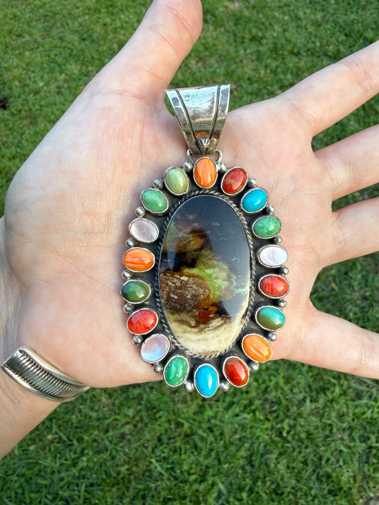Navajo Rainbow Multi Stone Sterling Silver Pendant