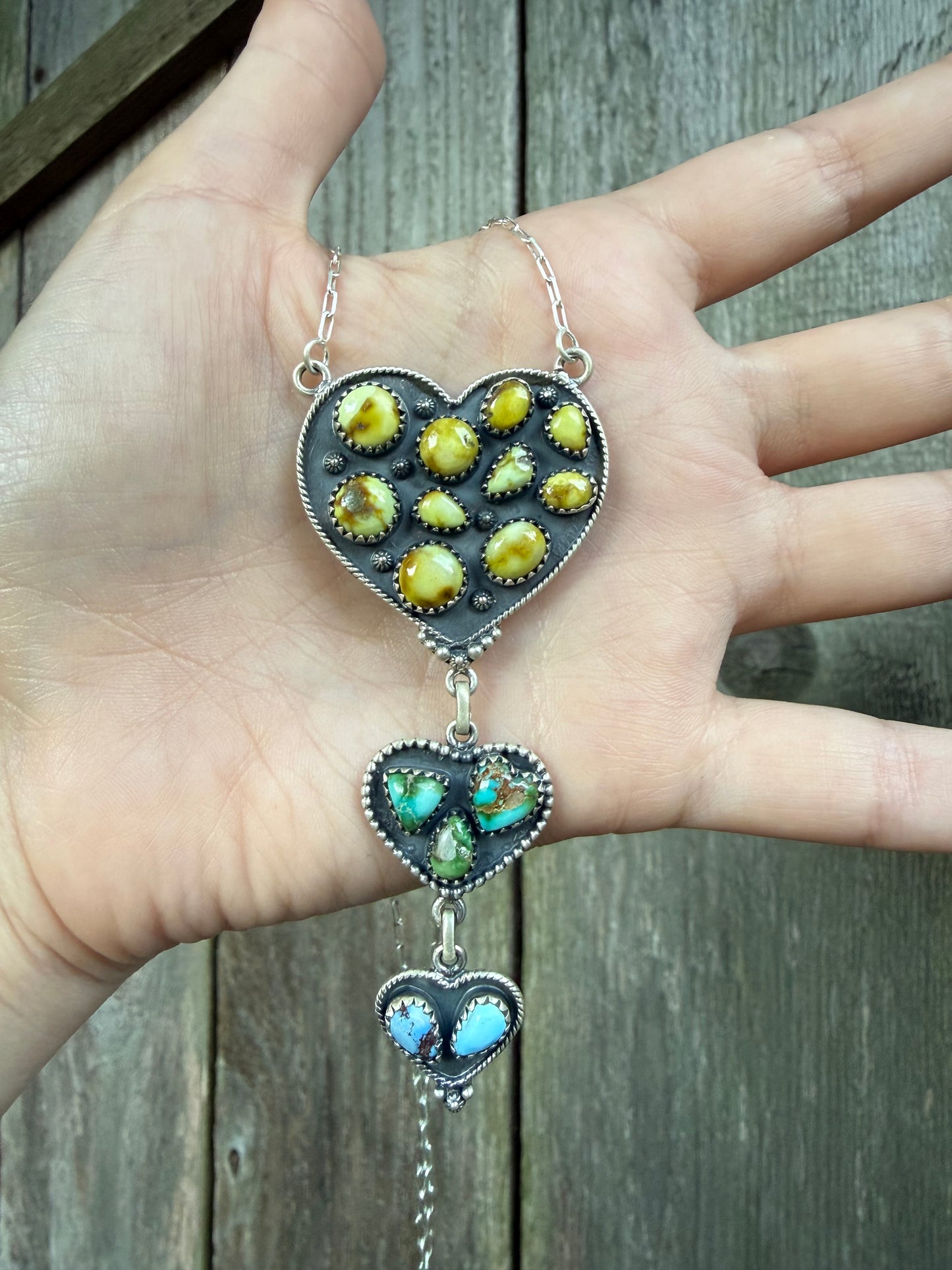 Palomino, Sonoran Gold, and Golden Hills Turquoise Triple Heart Statement Lariat Necklace