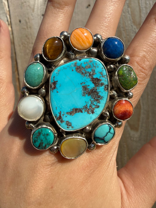 Navajo Multi Stone Big Statement Full Flower Cluster Adjustable Sterling Silver Ring